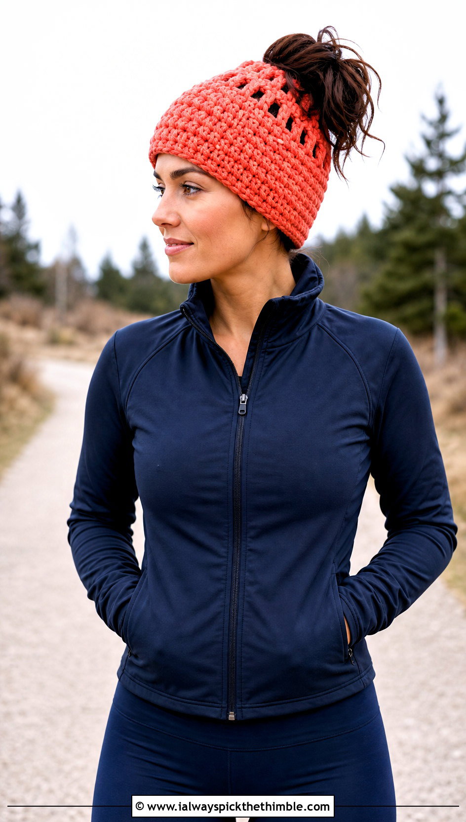 Worsted Weight Messy Bun Crochet Beanie With Athleisure Set - 20 Worsted Weight Yarn Crochet Hat outfit ideas
