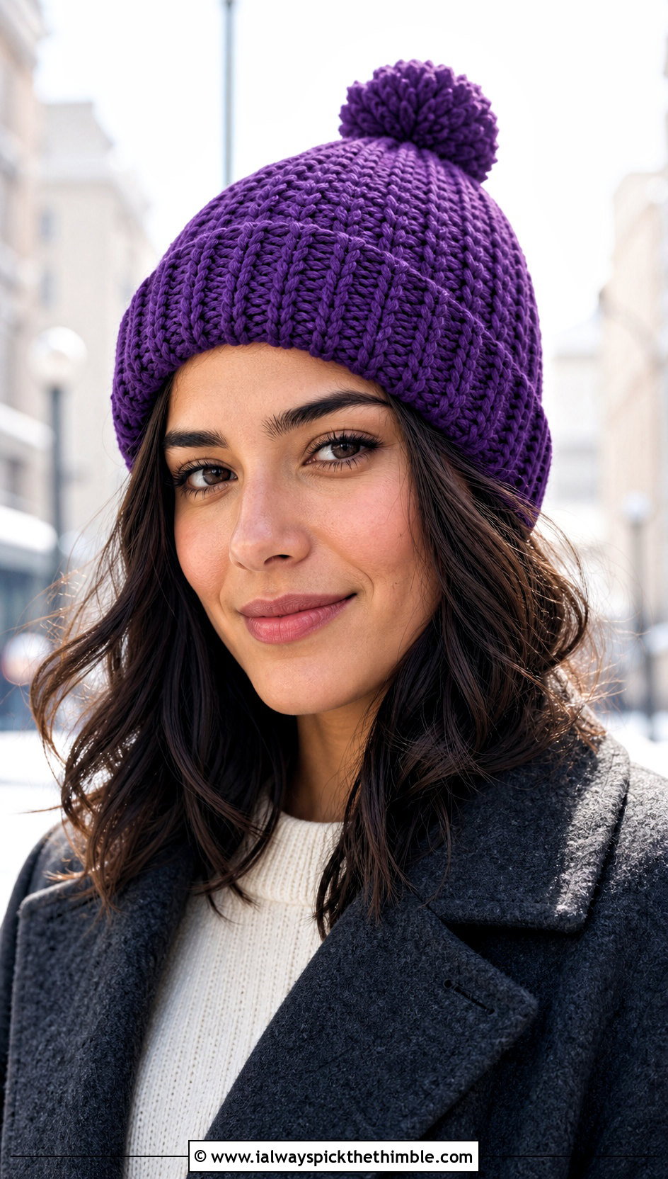 Worsted Weight Pom Pom Crochet Beanie With Wool Coat - 20 Worsted Weight Yarn Crochet Hat outfit ideas