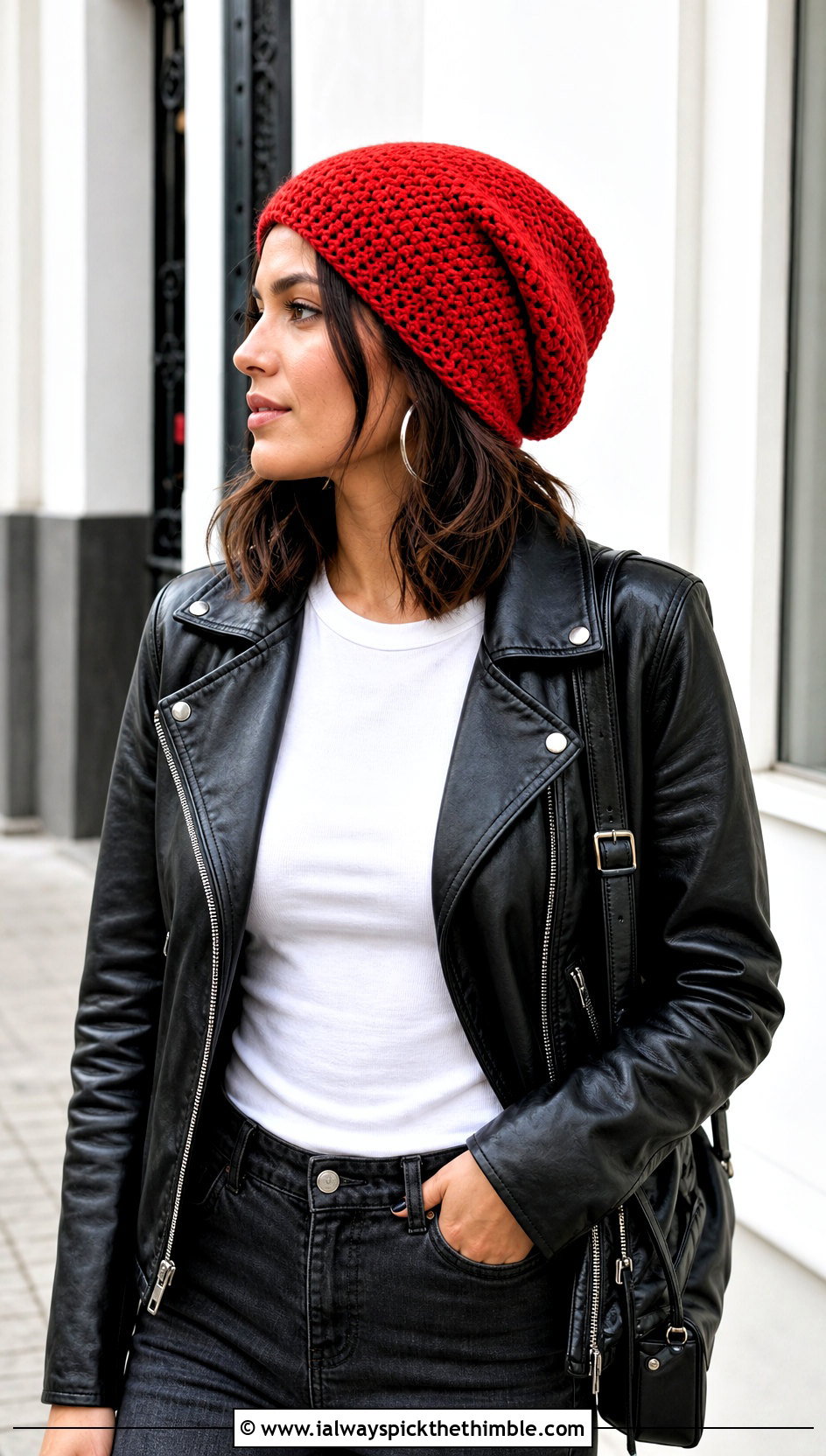 Worsted Weight Slouchy Crochet Beanie With Leather Jacket - 20 Worsted Weight Yarn Crochet Hat outfit ideas