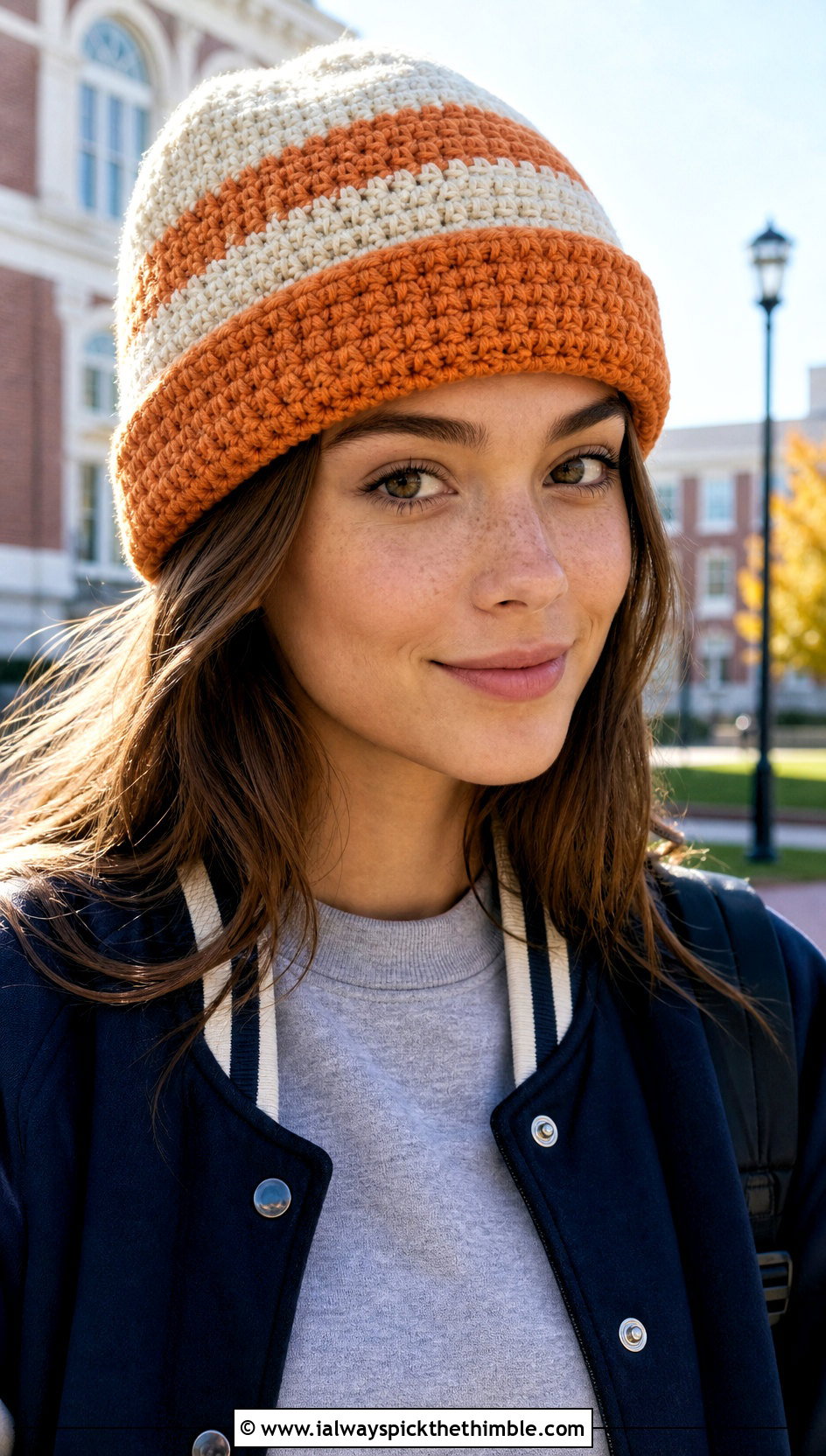 Worsted Weight Striped Crochet Beanie With Varsity Jacket - 20 Worsted Weight Yarn Crochet Hat outfit ideas