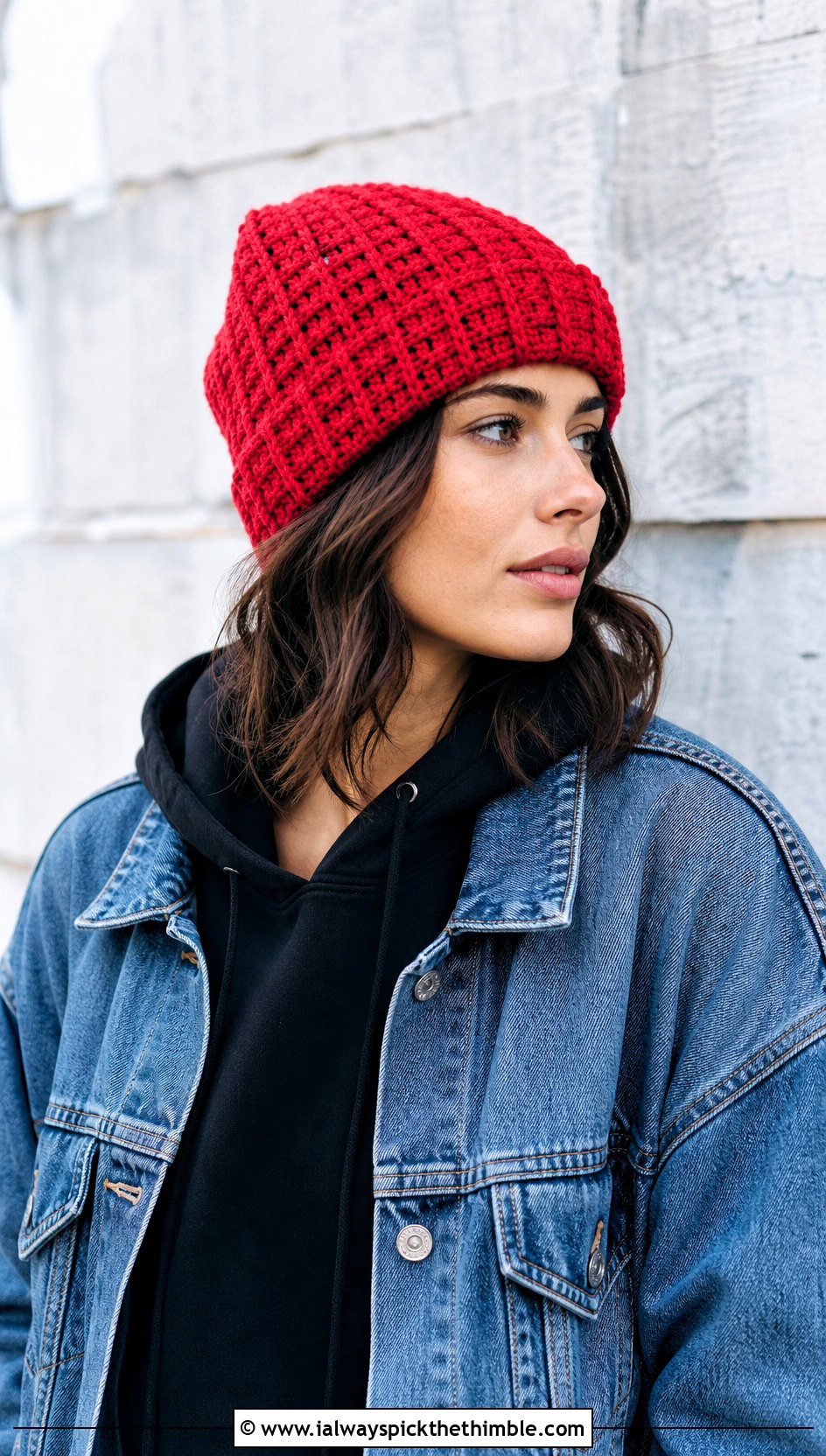 Worsted Weight Waffle Stitch Crochet Beanie With Denim Jacket - 20 Worsted Weight Yarn Crochet Hat outfit ideas