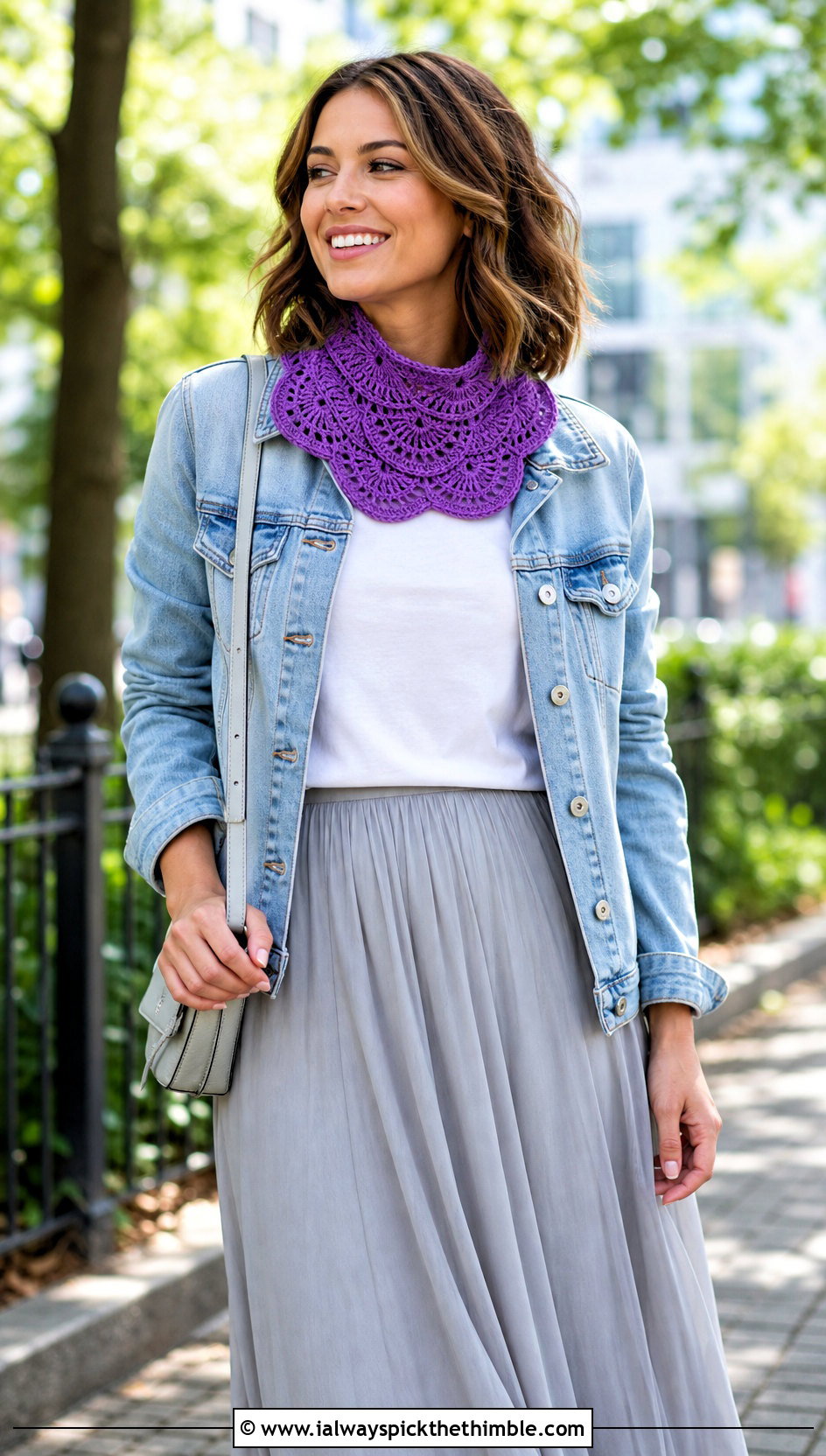 Woven Fan Mini Crochet Scarf With Denim Jacket And Midi Skirt - 20 mini crochet scarf outfit ideas