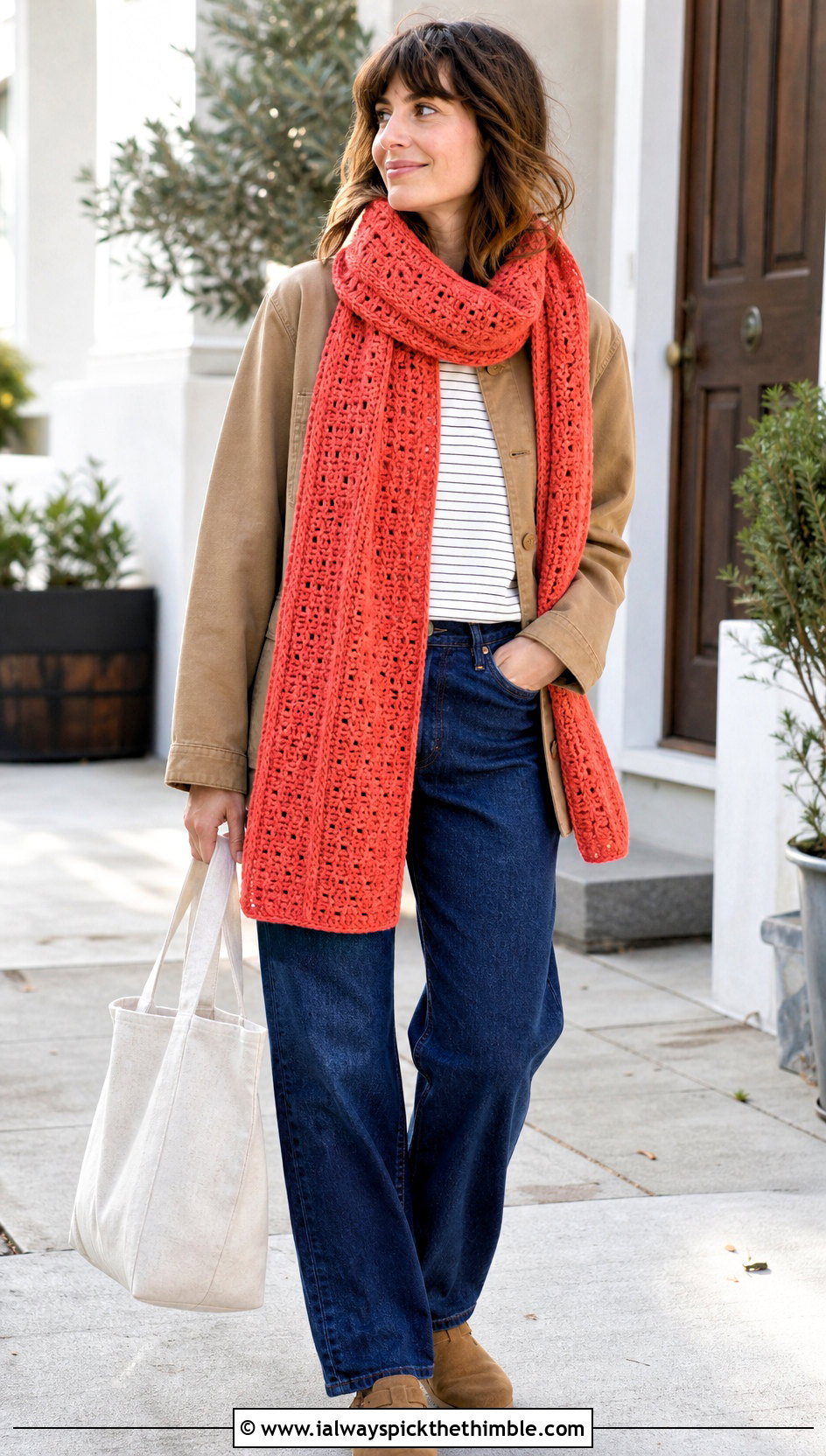 Woven Look Crochet Long Scarf With Chore Jacket And Jeans - 20 Crochet Long Scarf outfit ideas