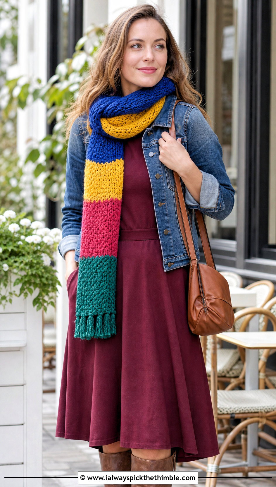 Woven Stitch Mood Scarf With Weekend Dress - 15 Crochet Mood Scarf outfit ideas