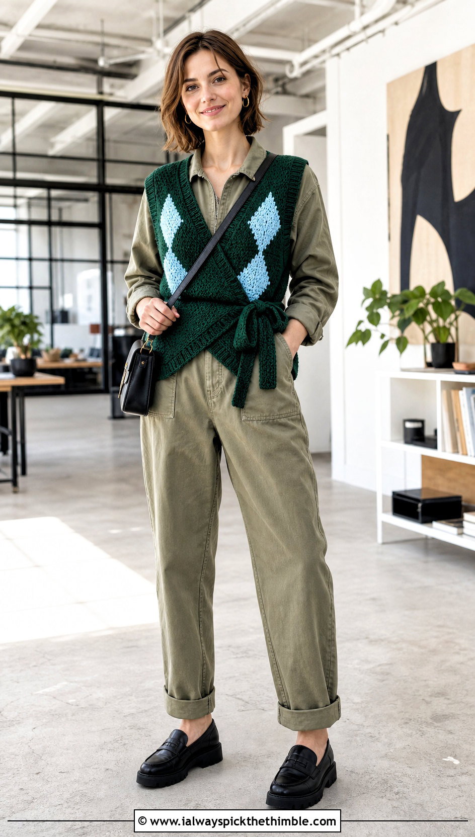 Wrap Argyle Crochet Sweater Vest With Utility Jumpsuit - 20 Argyle Crochet Sweater Vest outfit ideas