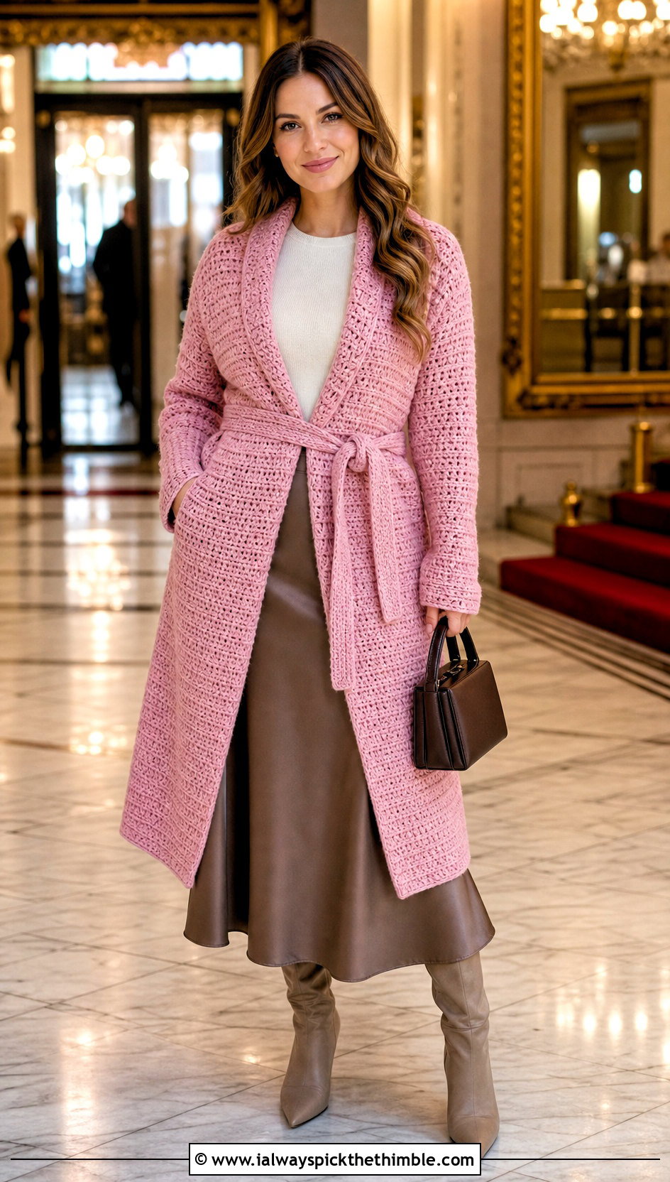 Wrap Crochet Coat With Satin Midi Skirt - 25 crochet coat outfit ideas