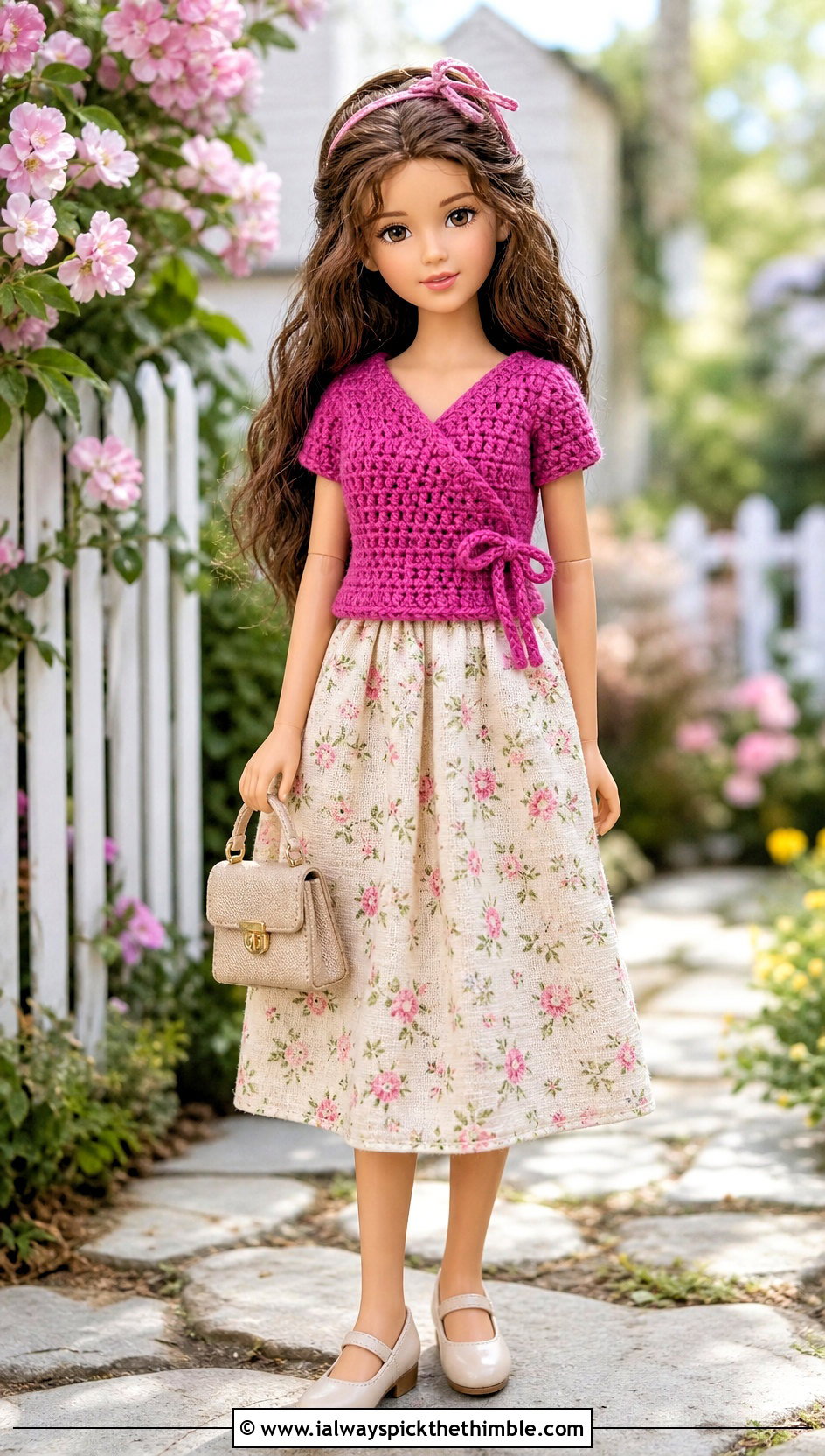 Wrap Crochet Doll Shirt With Floral Midi Skirt - 25 crochet doll shirt outfit ideas