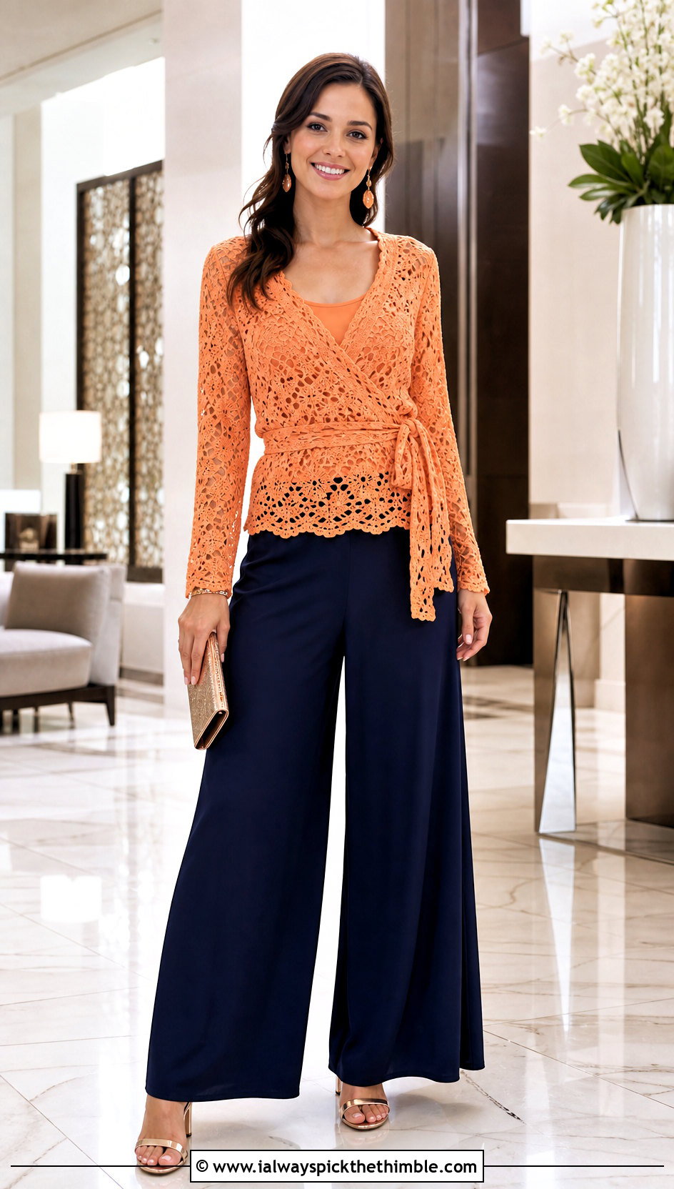 Wrap Crochet Lace Top With Palazzo Pants - 25 lacy crochet top outfit ideas