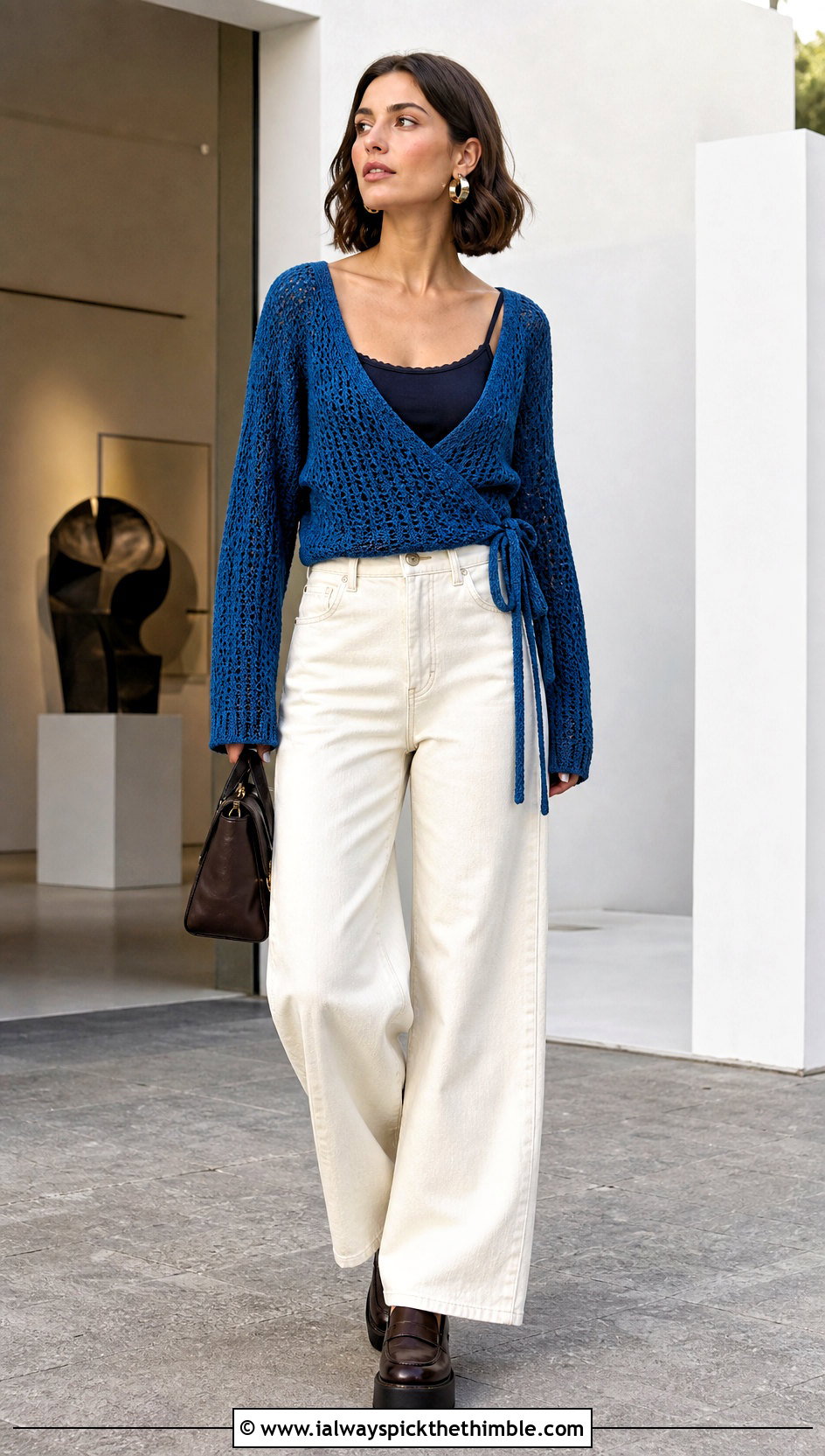 Wrap Crochet Light Sweater With Wide Leg Jeans - 25 crochet light sweater outfit ideas