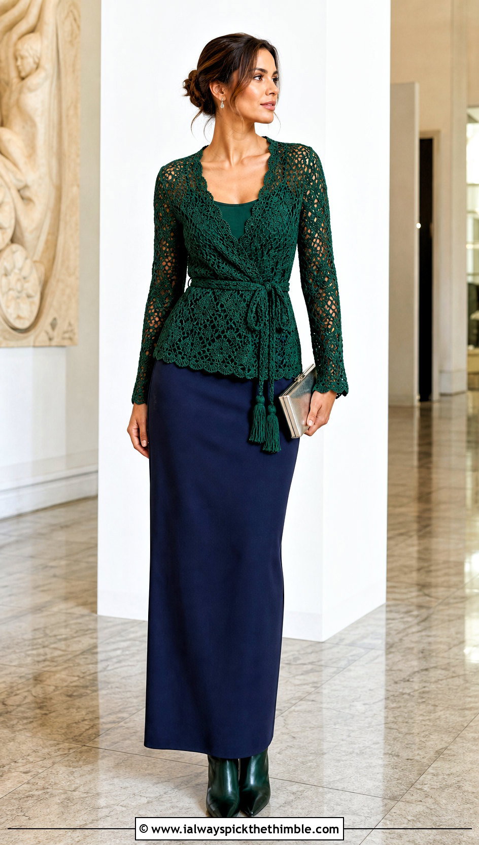 Wrap Crochet Long Sleeve Top With Column Skirt - 25 crochet long sleeve tops outfit ideas