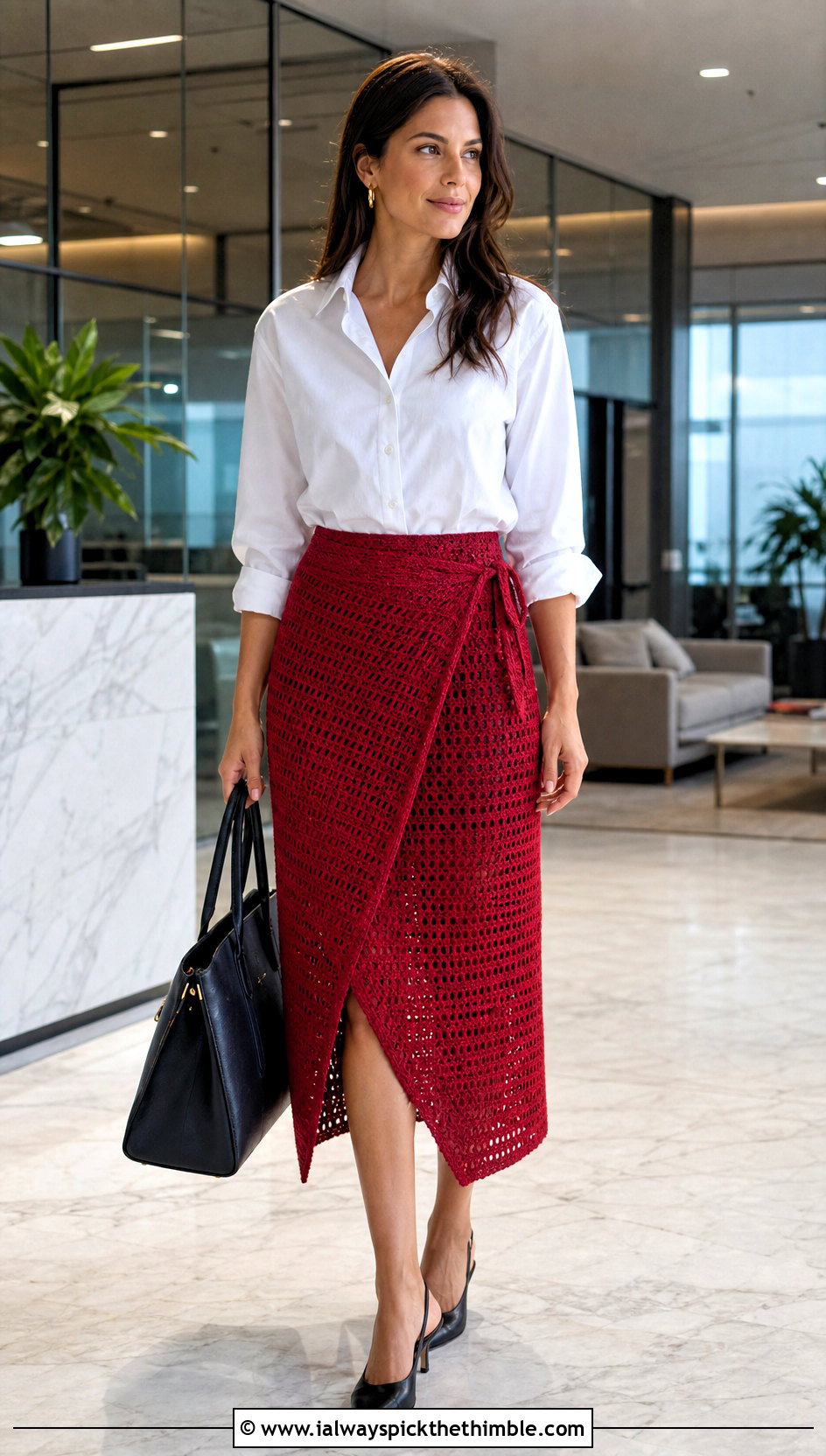 Wrap Crochet Midi Skirt With Crisp Button Down Shirt - 20 crochet boho skirt outfit ideas