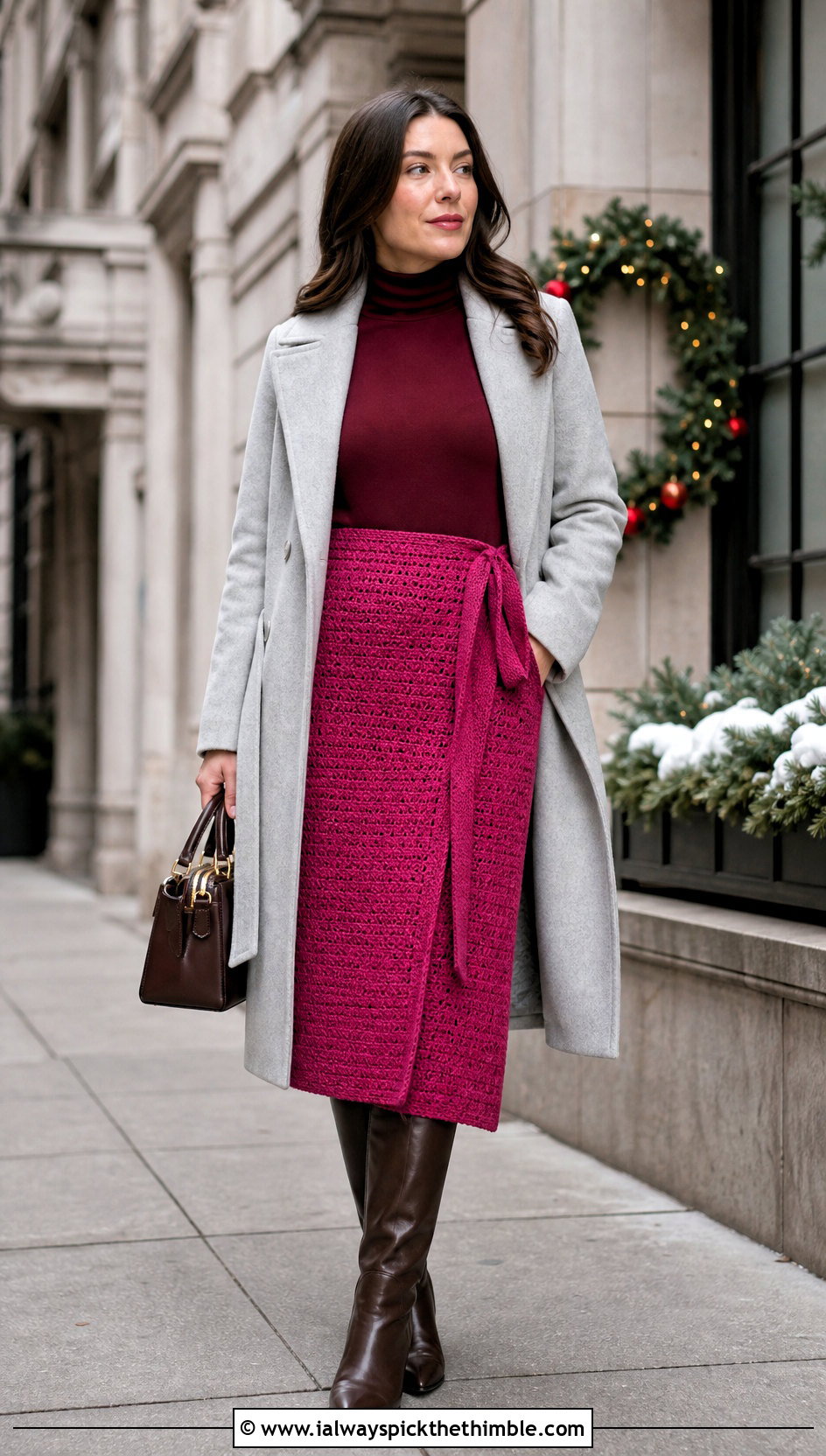 Wrap Crochet Midi Skirt With Turtleneck And Tall Boots - 15 valentine's day crochet skirt outfit ideas