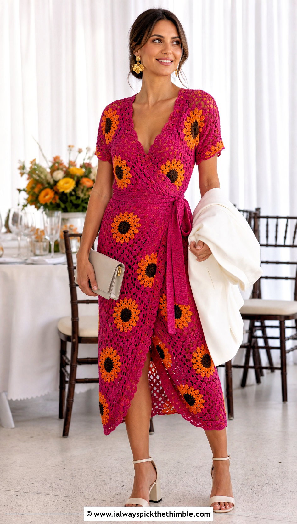 Wrap Crochet Sunflower Midi Dress With Block Heels - 25 crochet sunflower dress outfit ideas