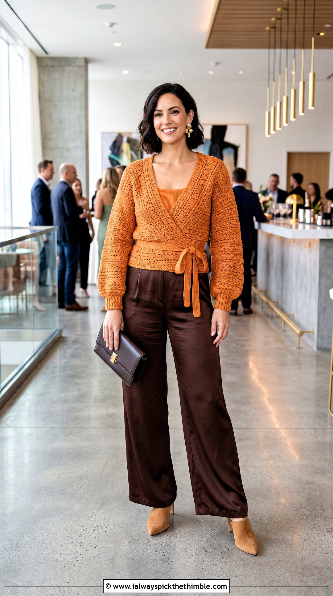Wrap Crochet Sweater With Satin Pants - 20 taylor swift crochet sweater outfit ideas