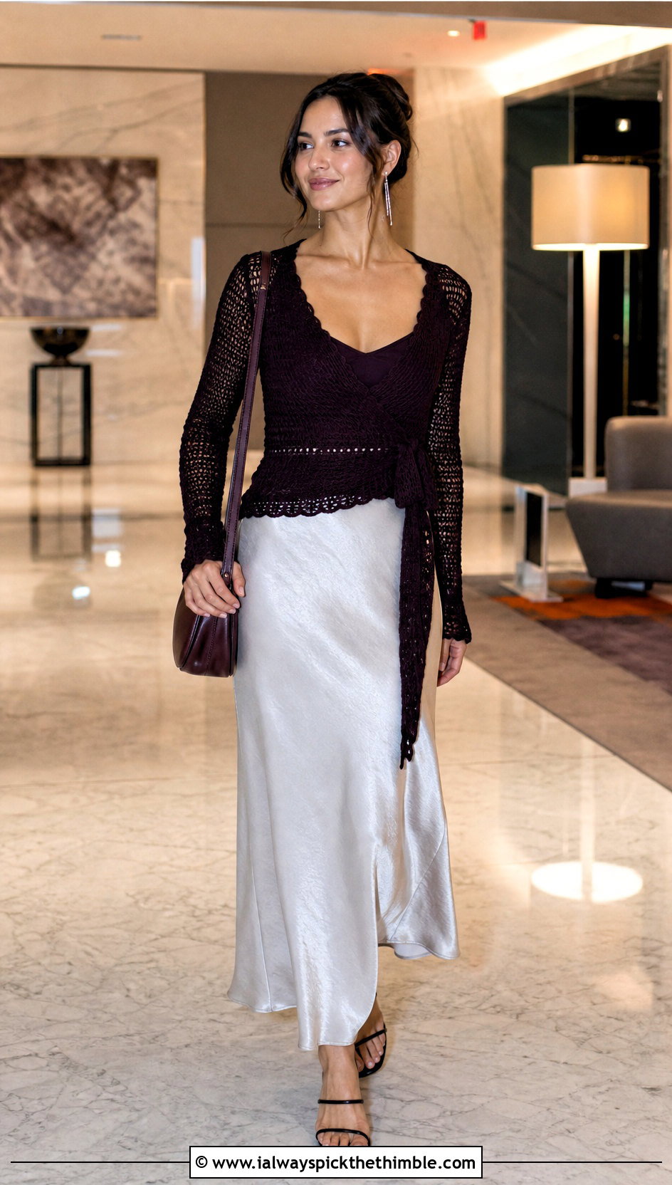 Wrap Crochet Top With Bias Cut Slip Skirt - 25 Fitted Crochet Top outfit ideas