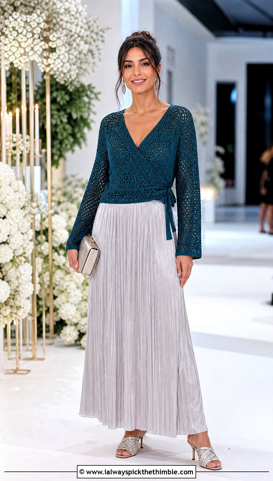 Wrap Crochet Top With Pleated Maxi Skirt - 25 crochet top designs outfit ideas