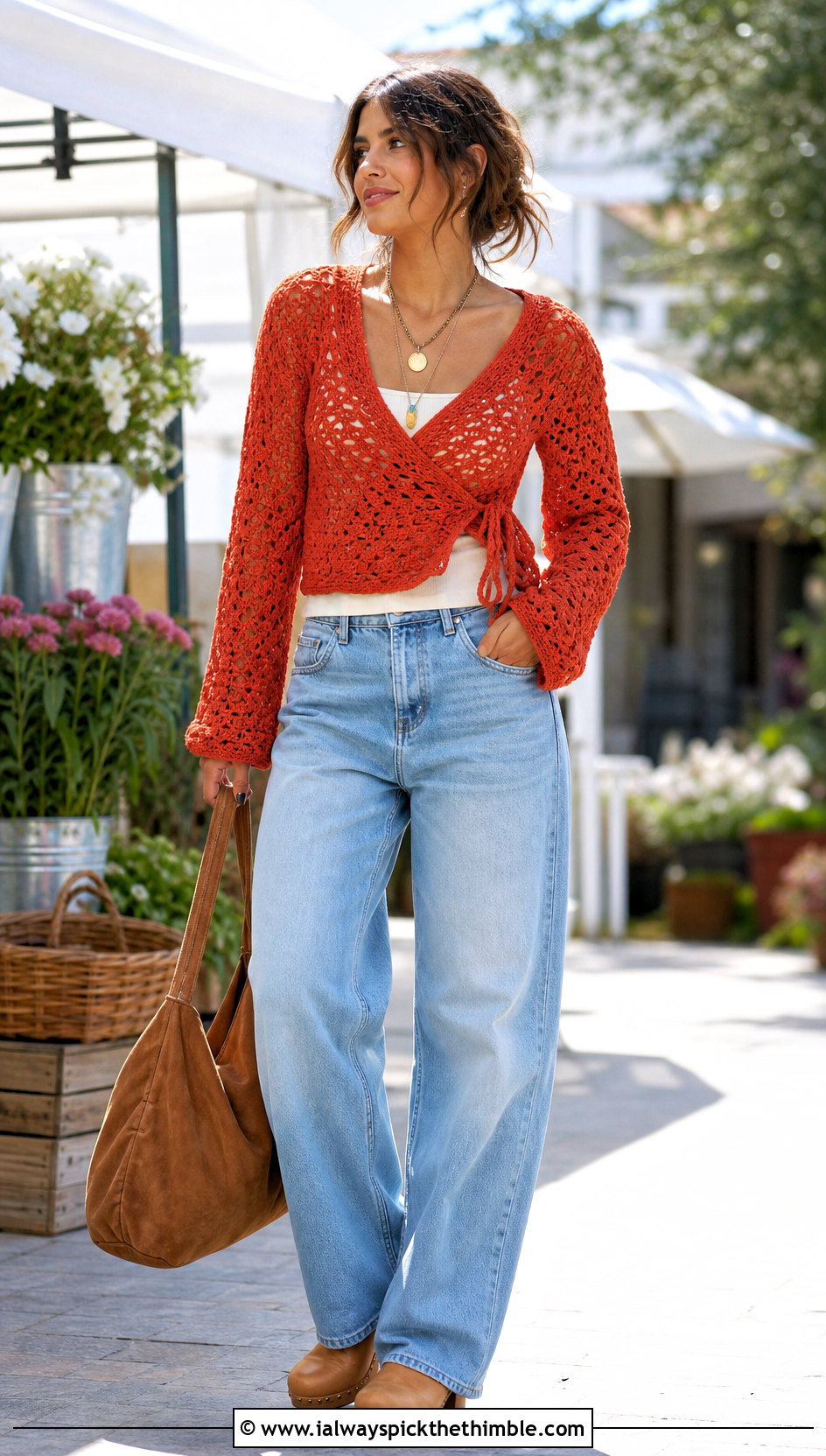 Wrap Crochet Top With Relaxed Jeans - 20 aesthetic long sleeve crochet tops outfit ideas