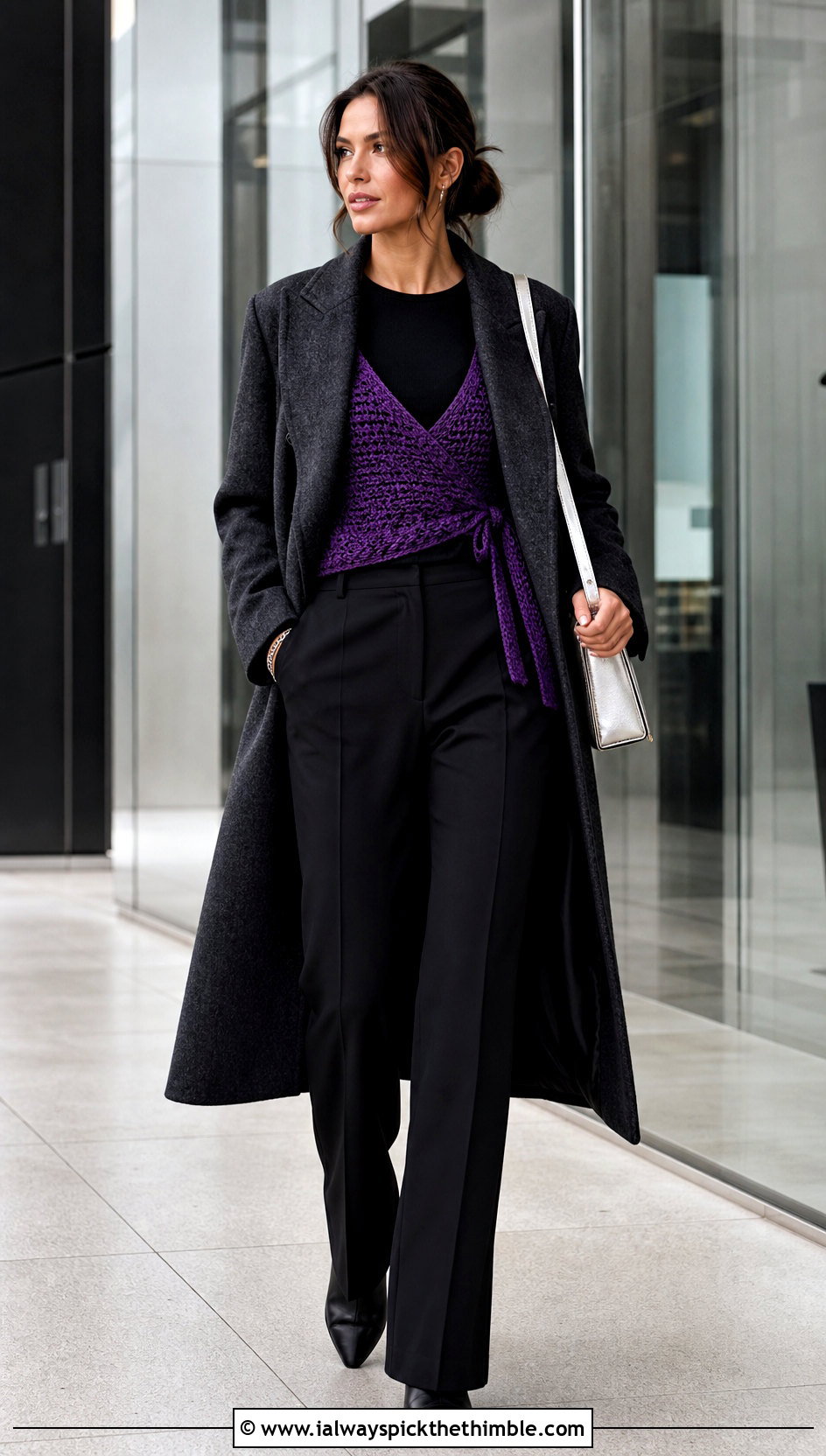 Wrap Crochet Top With Tailored Trousers - 25 winter crochet top outfit ideas