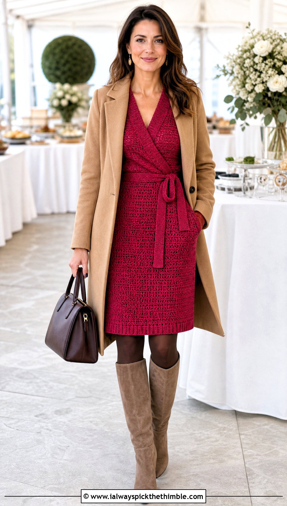 Wrap Crochet Winter Dress With Suede Knee High Boots - 25 crochet winter dress outfit ideas