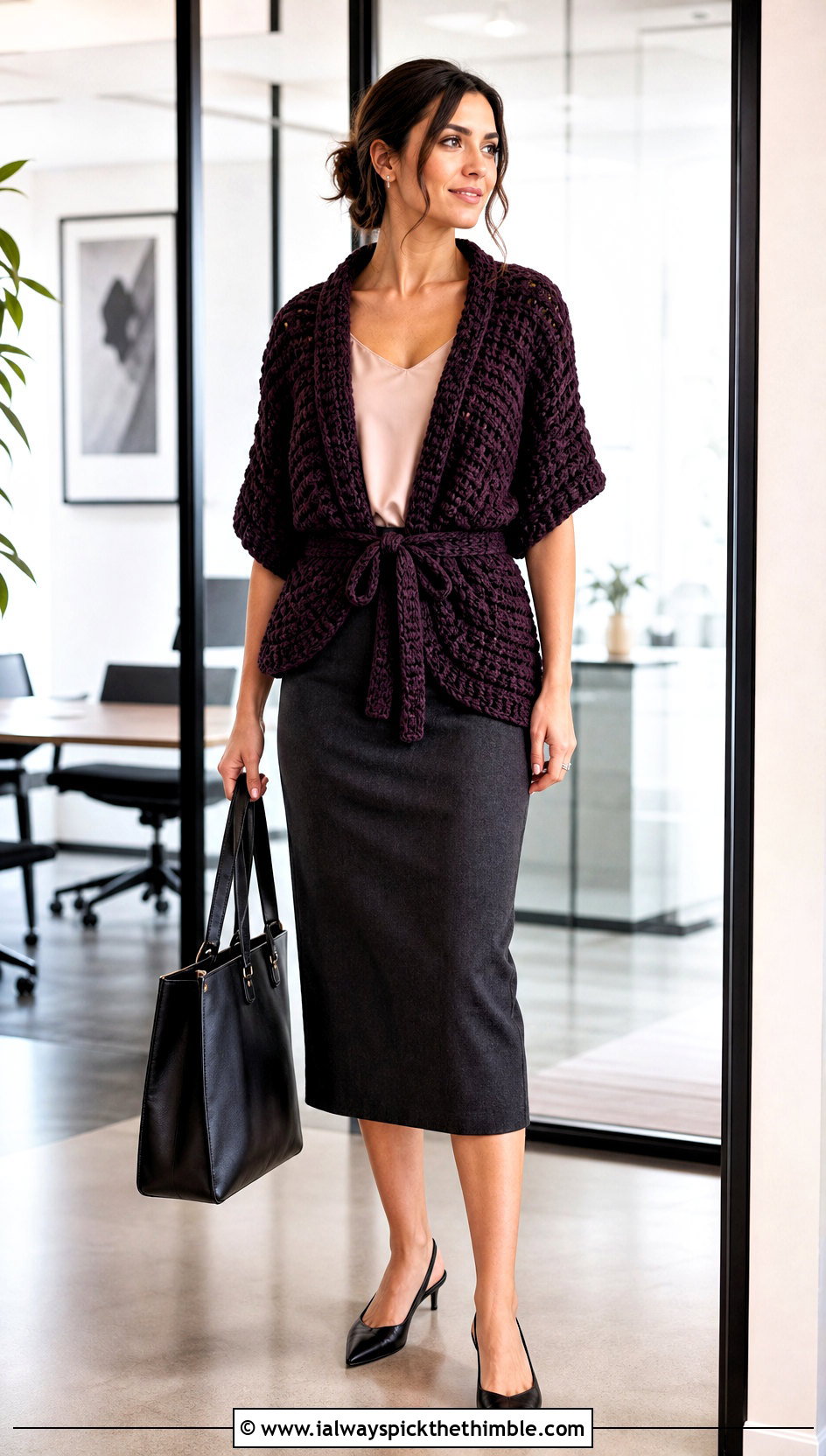Wrap Front Chunky Crochet Shrug With Pencil Skirt - 20 Chunky Crochet Shrug outfit ideas