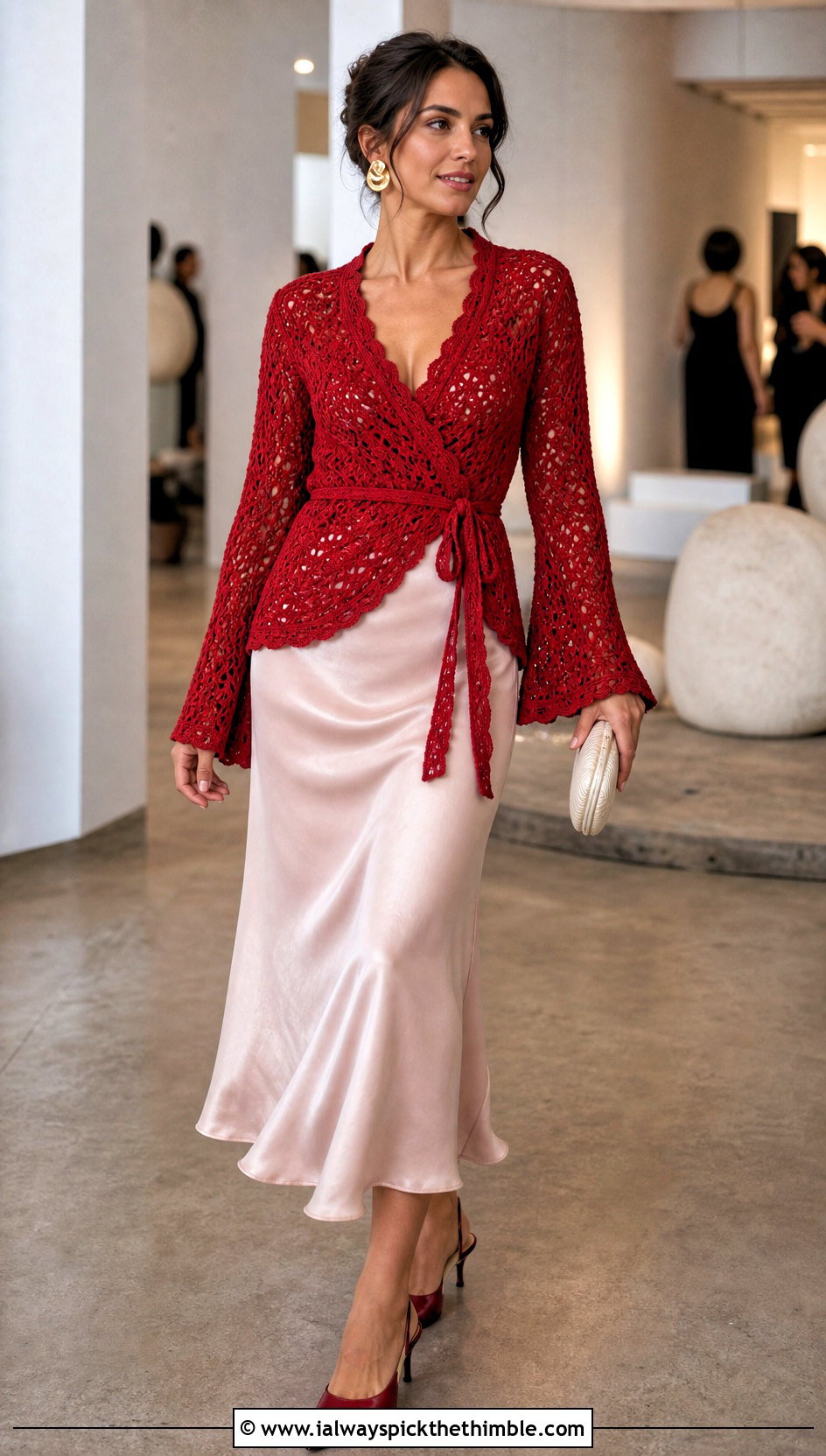 Wrap Front Crochet Bell Sleeve Cardigan With Satin Slip Skirt - 20 crochet bell sleeve cardigan outfit ideas