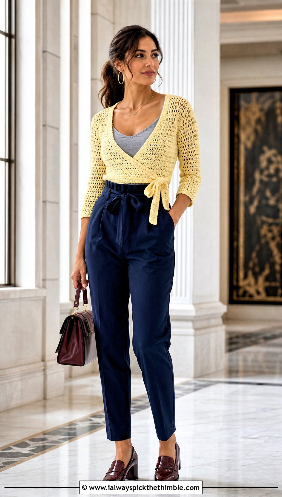 Wrap Front Crochet Shrug With Paperbag Waist Pants - 25 Crochet Wrap Shrug outfit ideas