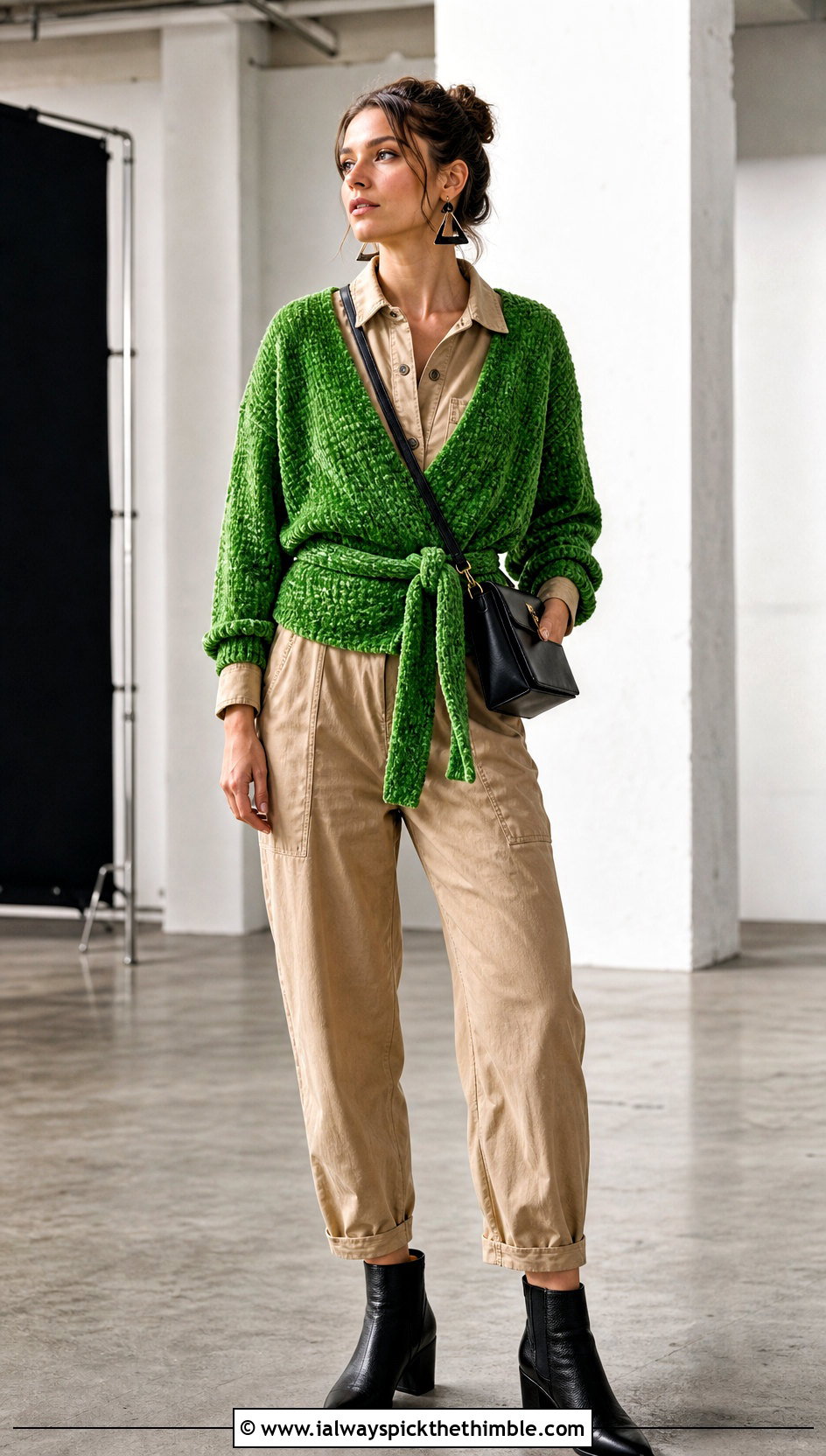 Wrap Front Crochet Velvet Sweater With Utility Jumpsuit - 20 Crochet Velvet Sweater outfit ideas