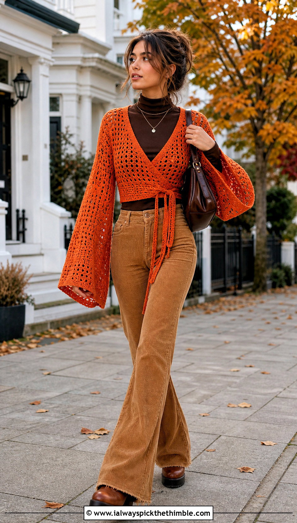 Wrap Front Flare Sleeve Crochet Grunge Top With Corduroy Pants - 20 crochet grunge top outfit ideas
