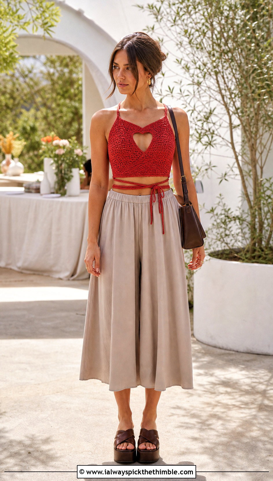 Wrap Heart Cutout Crochet Top With Culottes - 20 heart cutout crochet top outfit ideas
