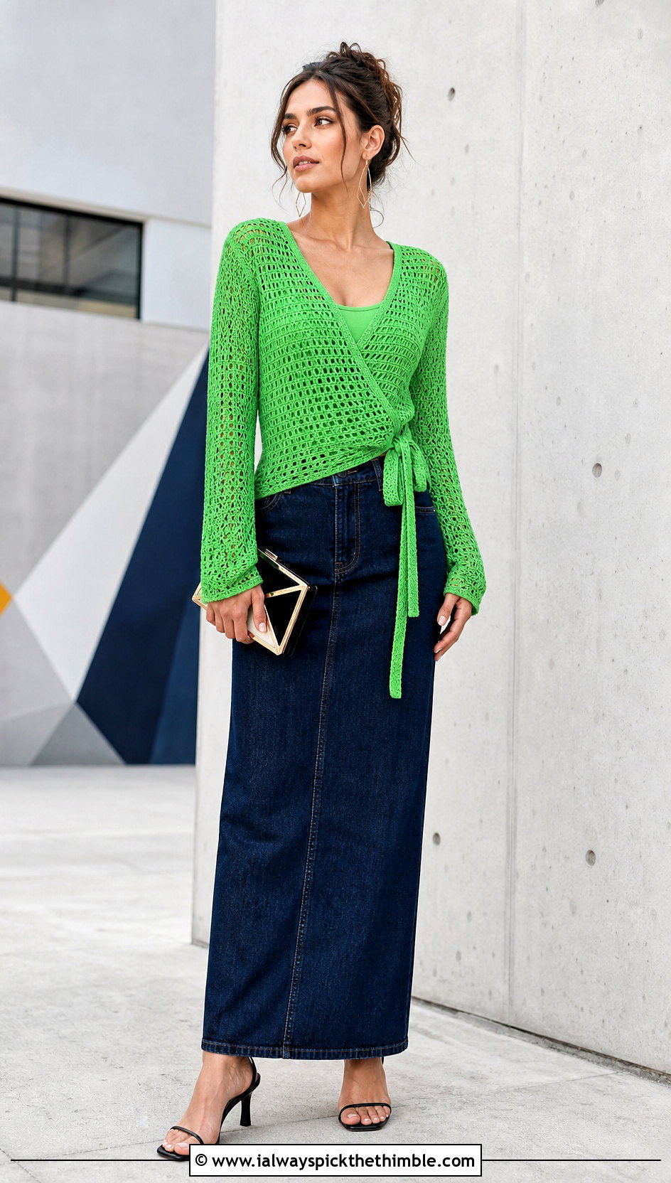 Wrap Long Sleeve Crochet Top With Column Skirt - 20 long sleeve crochet top outfit ideas