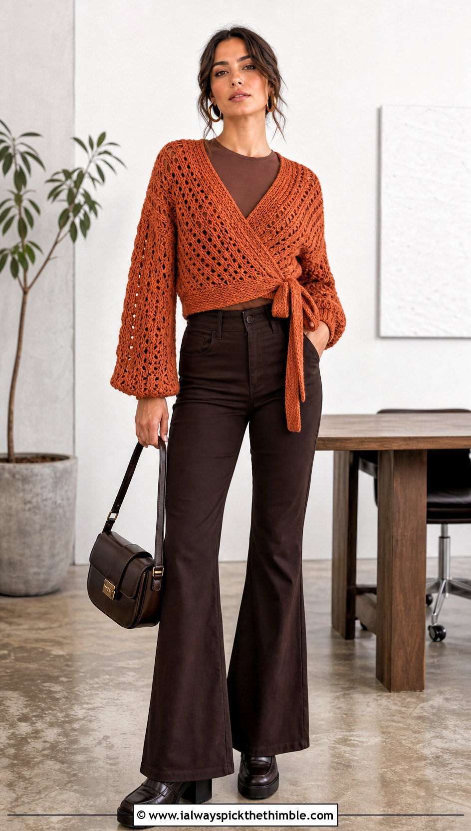 Wrap Mohair Crochet Sweater With Flared Pants - 25 mohair crochet sweater outfit ideas