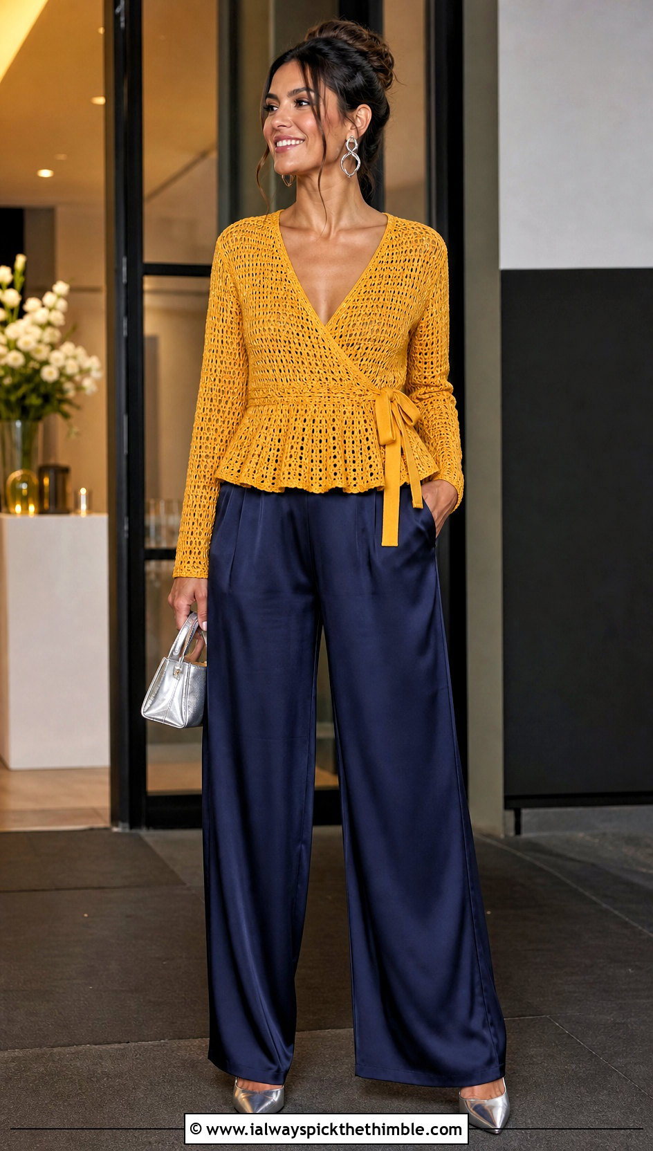 Wrap Peplum Crochet Cardigan With Satin Trousers - 15 crazy classic crochet cardigan outfit ideas