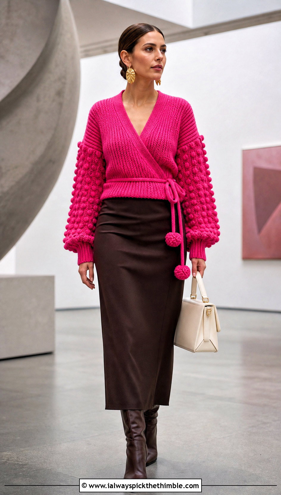 Wrap Pink Crochet Pom Pom Sweater With Column Skirt - 15 pink crochet sweater with pom poms outfit ideas