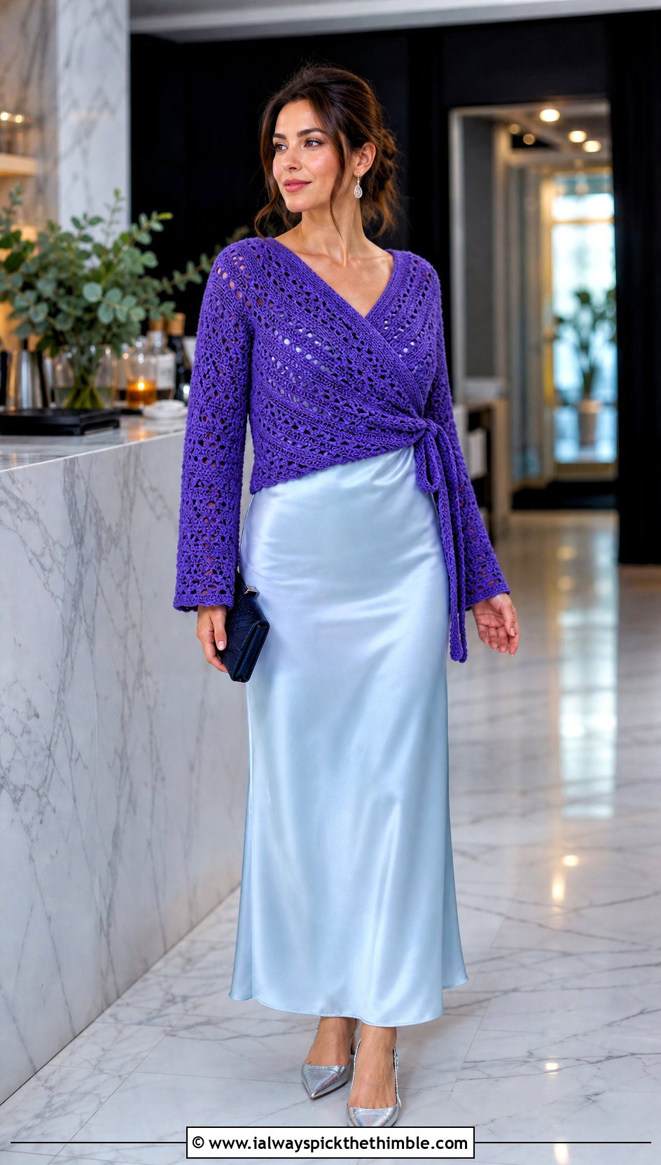 Wrap Purple Crochet Sweater With Slip Dress - 20 Crochet Purple Sweater outfit ideas