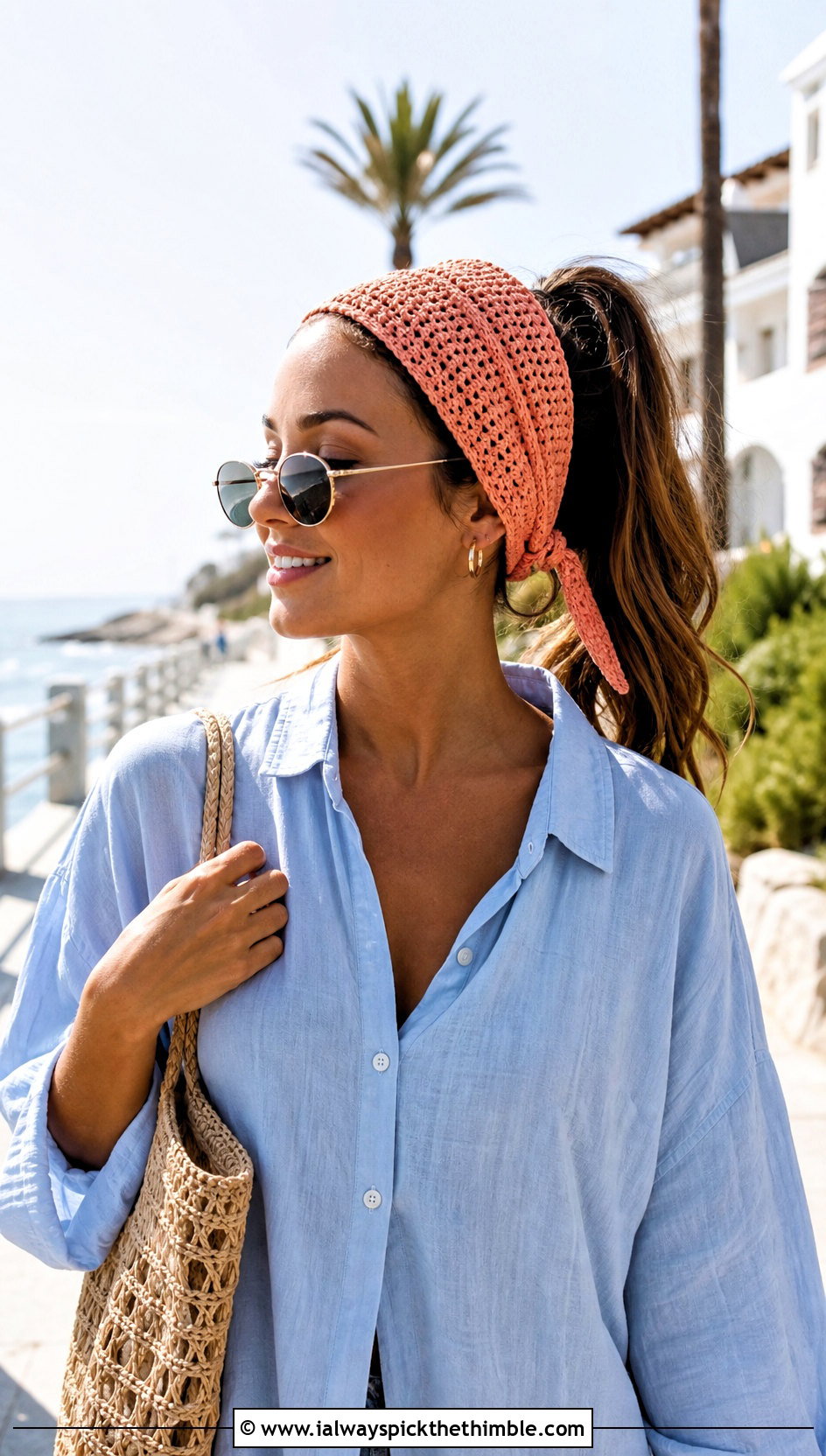 Wrap Tie Crochet Ponytail Headband With Linen Set - 20 Crochet Ponytail Headband outfit ideas