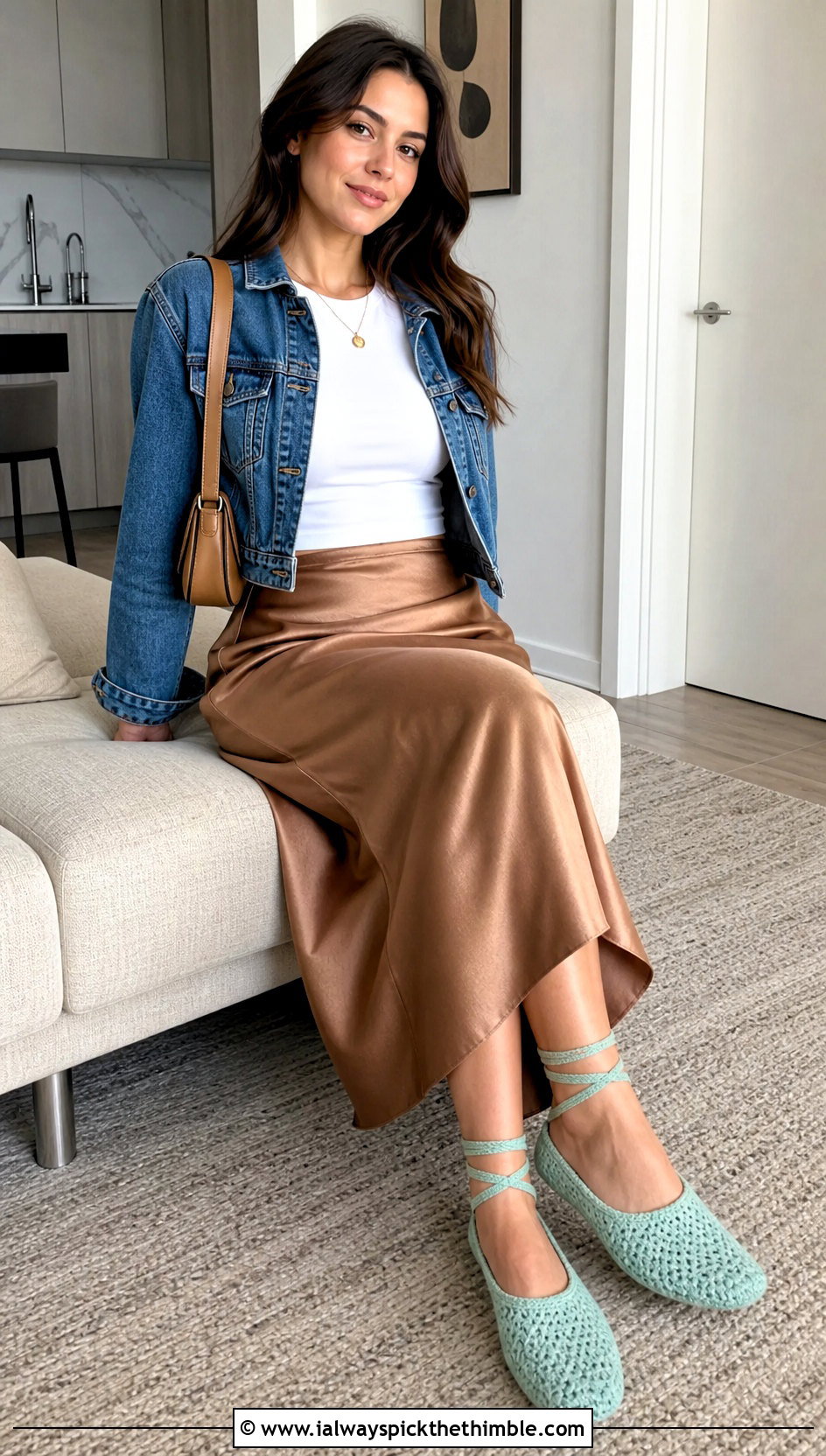 Wrap Tie Crocheted Slippers With a Satin Midi Skirt - 20 Easy Crocheted Slippers outfit ideas