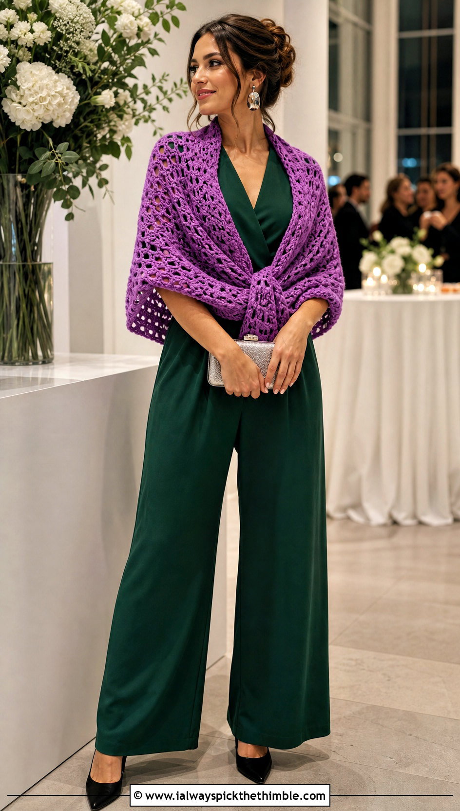 Wraparound DK Yarn Crochet Stole With Jumpsuit - 20 Crochet Shawl Dk Yarn outfit ideas