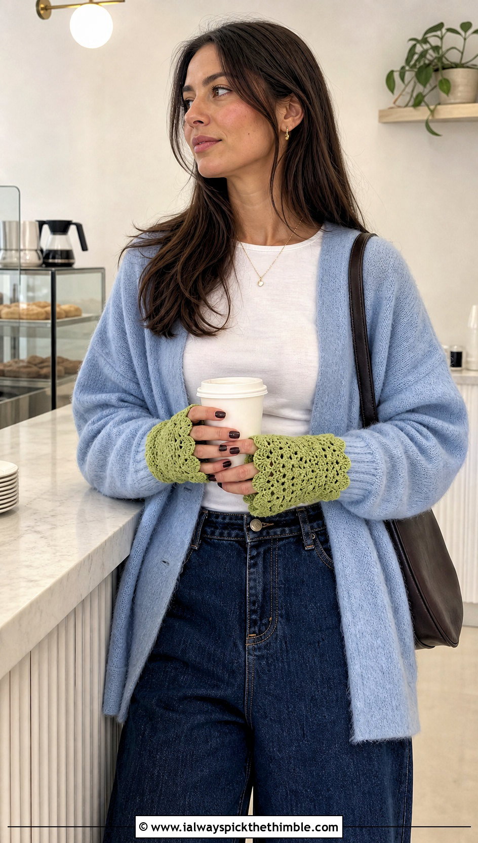 Wrist Cuff Crochet Texting Gloves With Cardigan And Jeans - 15 Crochet Texting Gloves outfit ideas