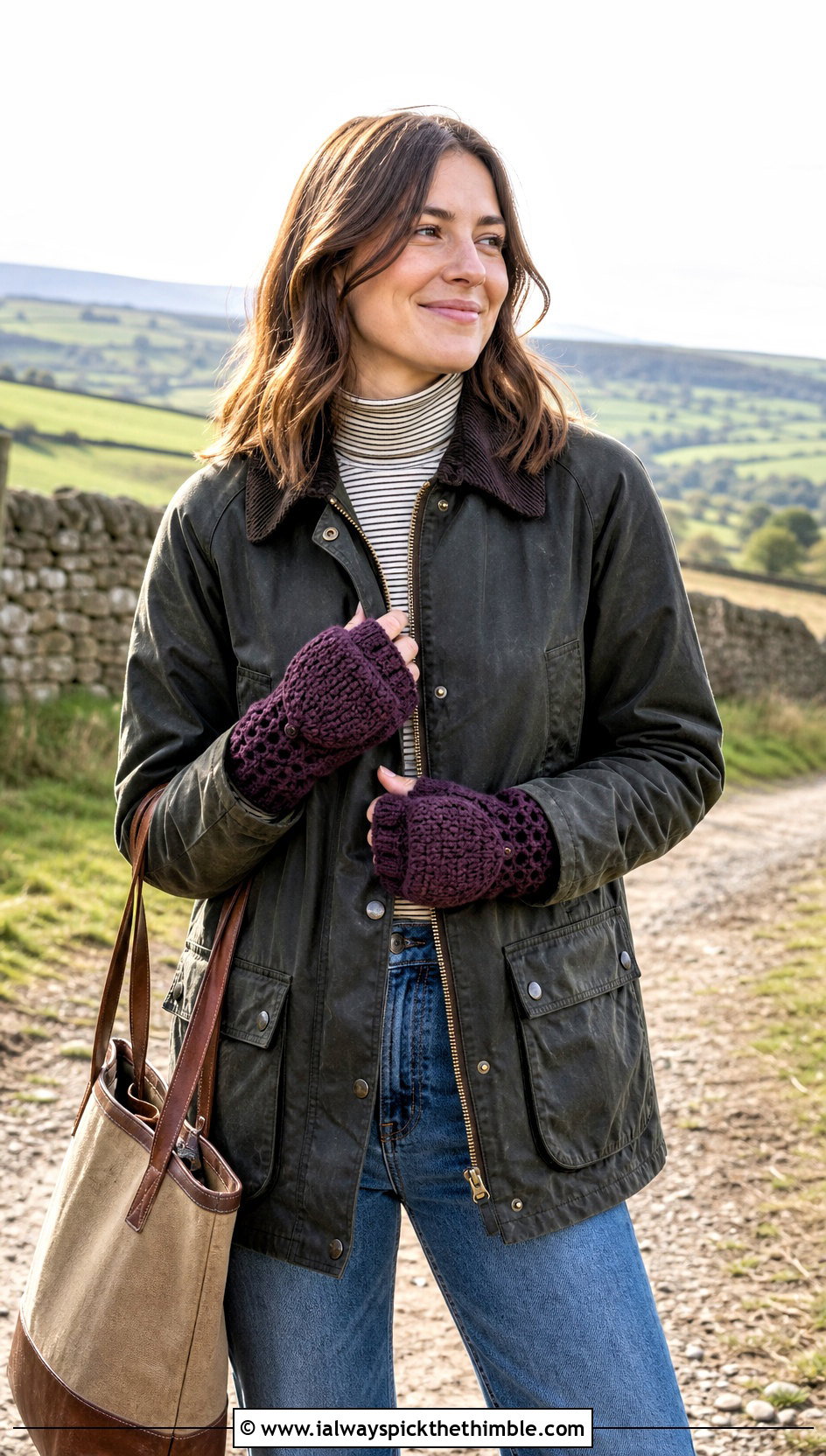 Wrist Warmer Flip Mitts With Barn Jacket and Straight Jeans - 20 Convertible Crochet Gloves outfit ideas
