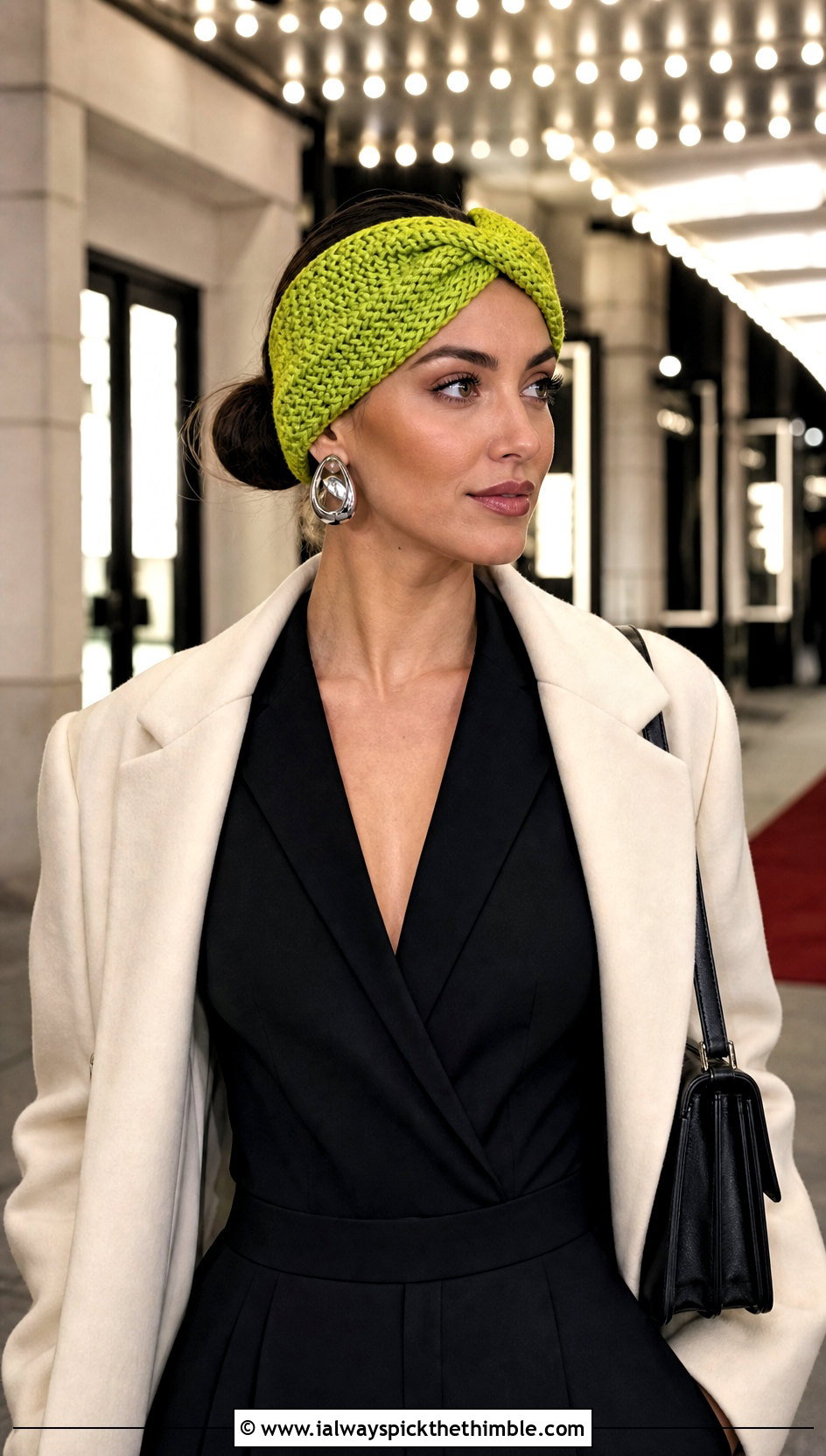 X Twist Crochet Cable Headband With Tailored Coat And Jumpsuit - 20 crochet cable headband outfit ideas