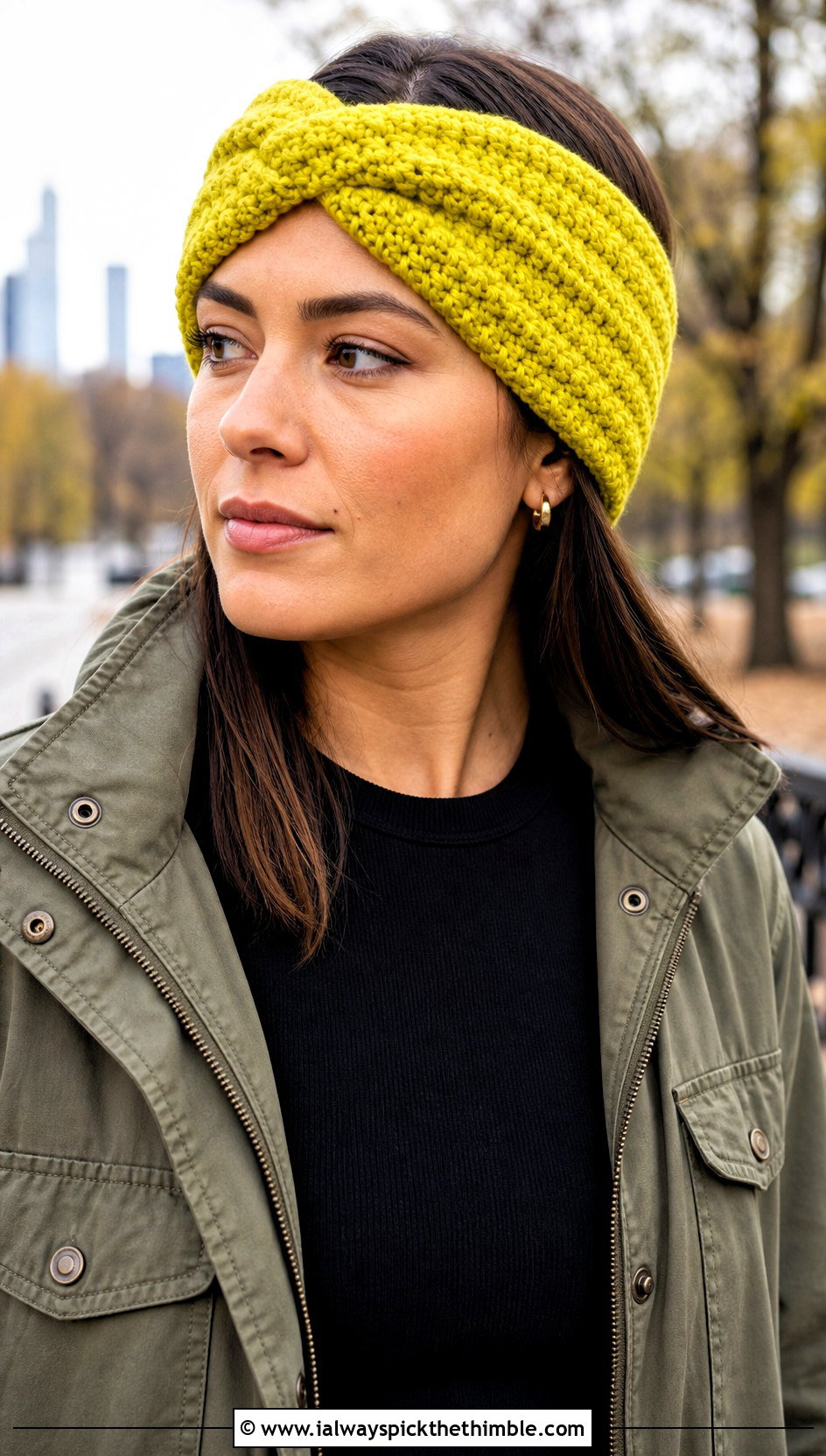 X Twist Ear Warmer With Utility Jacket - 20 Crochet Twist Ear Warmer outfit ideas