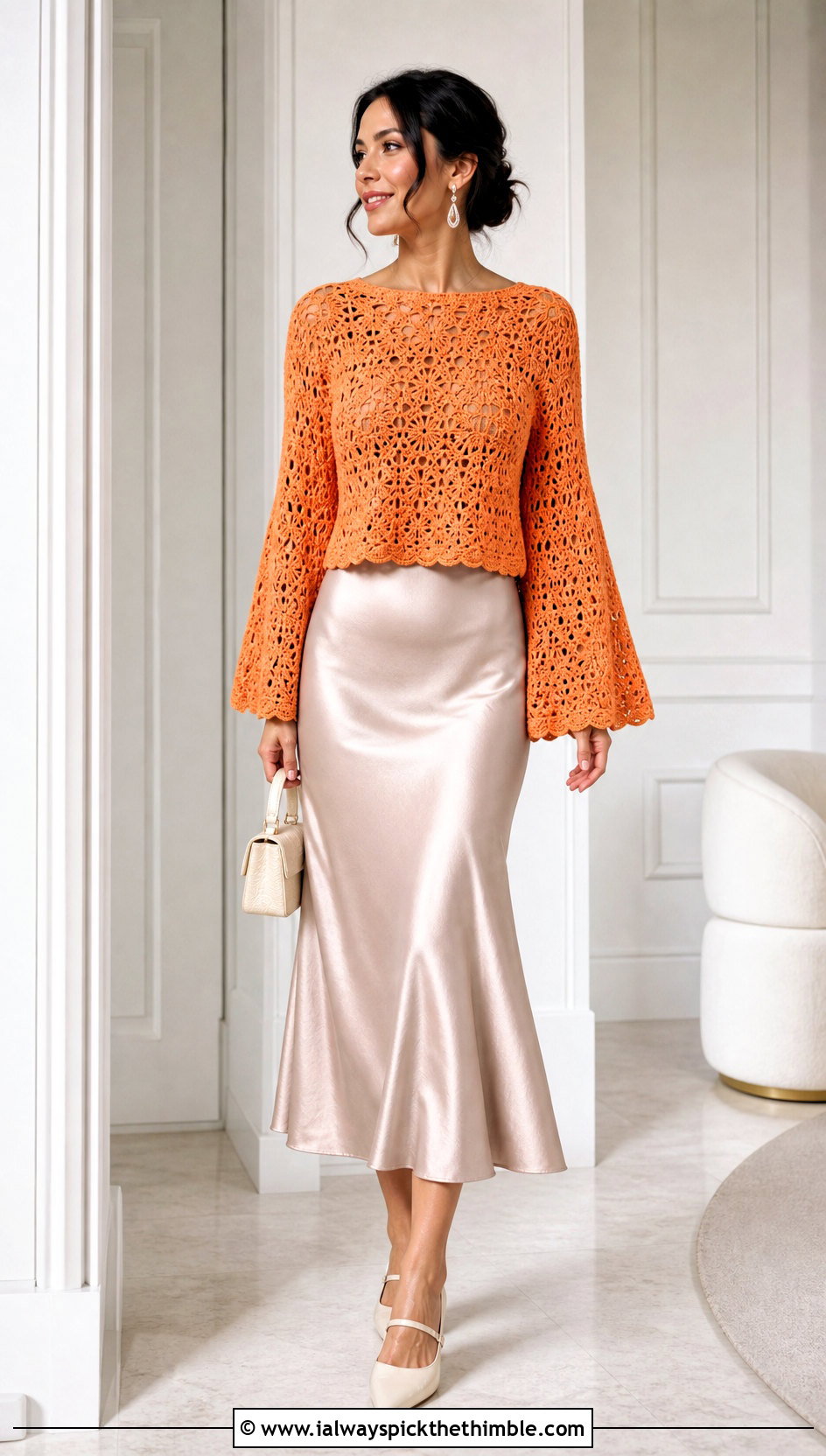 XL Bell Sleeve Crochet Sweater With Satin Midi Skirt - 20 Xl Crochet Sweater outfit ideas