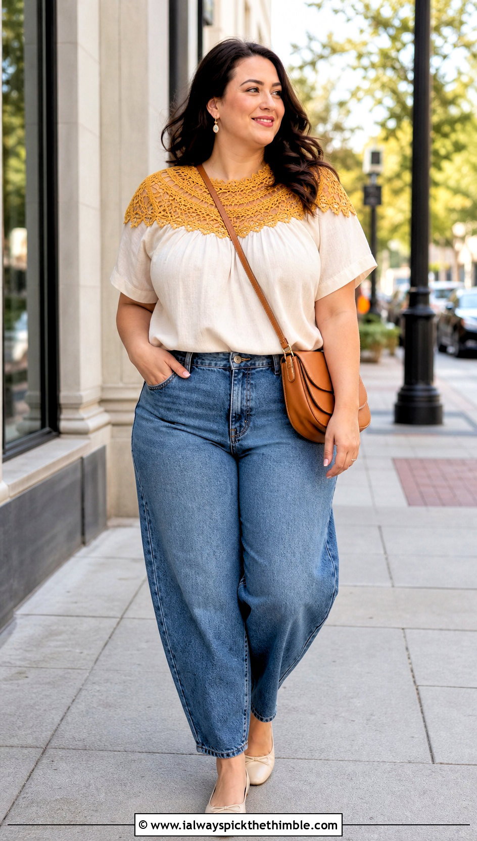 XL Crochet Yoke Top With Barrel Leg Jeans - 20 Xl Crochet Top outfit ideas