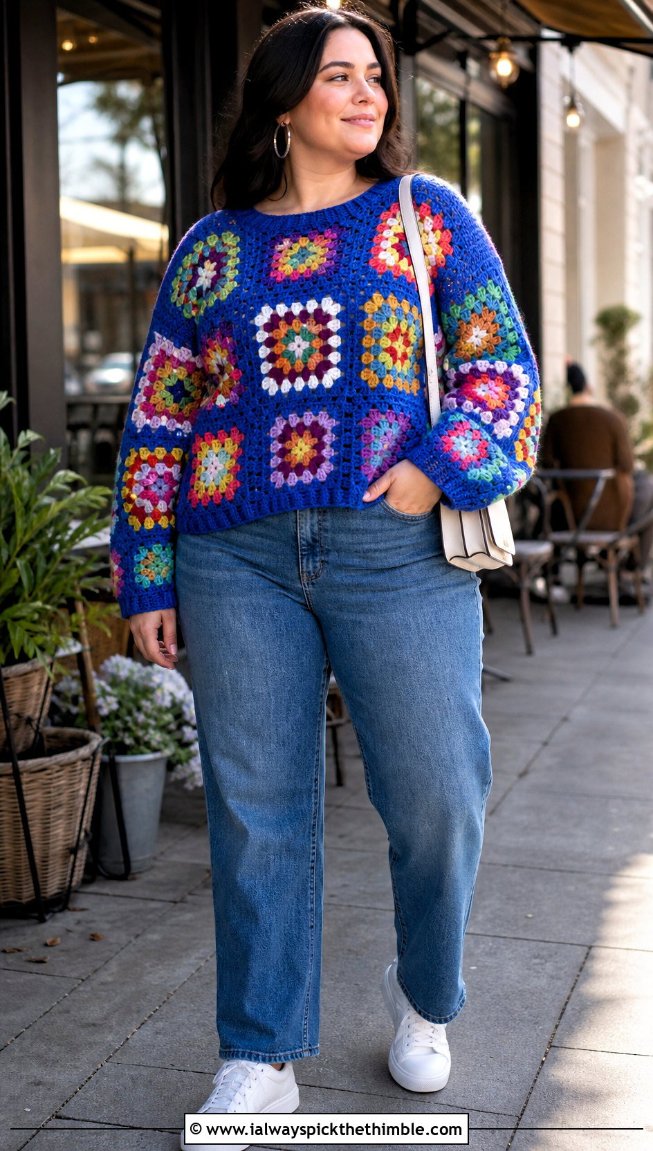 XL Granny Square Crochet Sweater With Straight Leg Jeans - 20 Xl Crochet Sweater outfit ideas