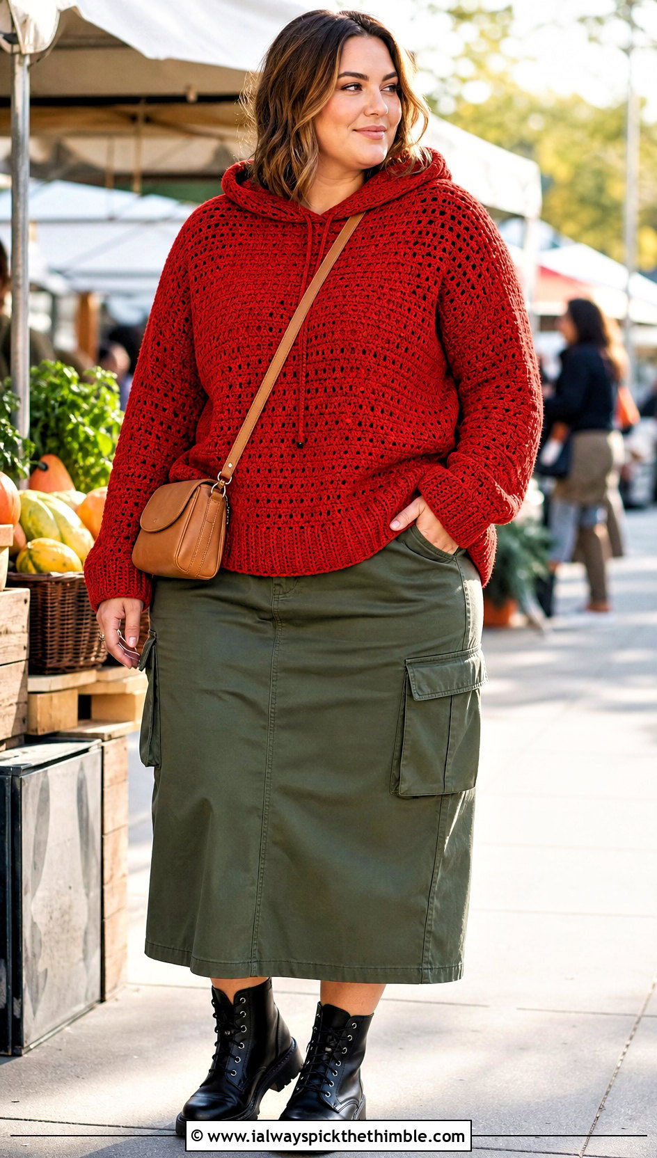 XL Hooded Crochet Sweater With Utility Midi Skirt - 20 Xl Crochet Sweater outfit ideas