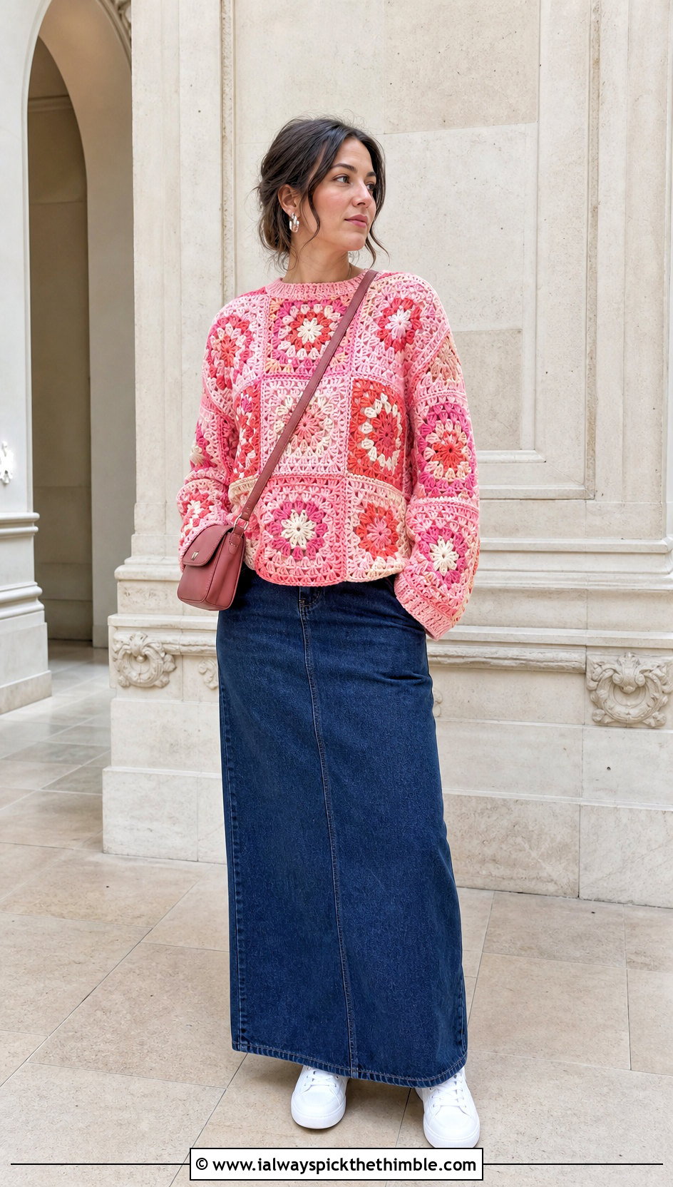 XL Patchwork Crochet Sweater With Denim Maxi Skirt - 20 Xl Crochet Sweater outfit ideas