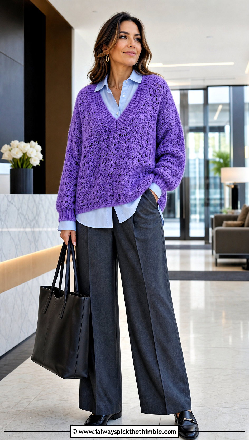 XL V Neck Crochet Sweater With Tailored Trousers - 20 Xl Crochet Sweater outfit ideas