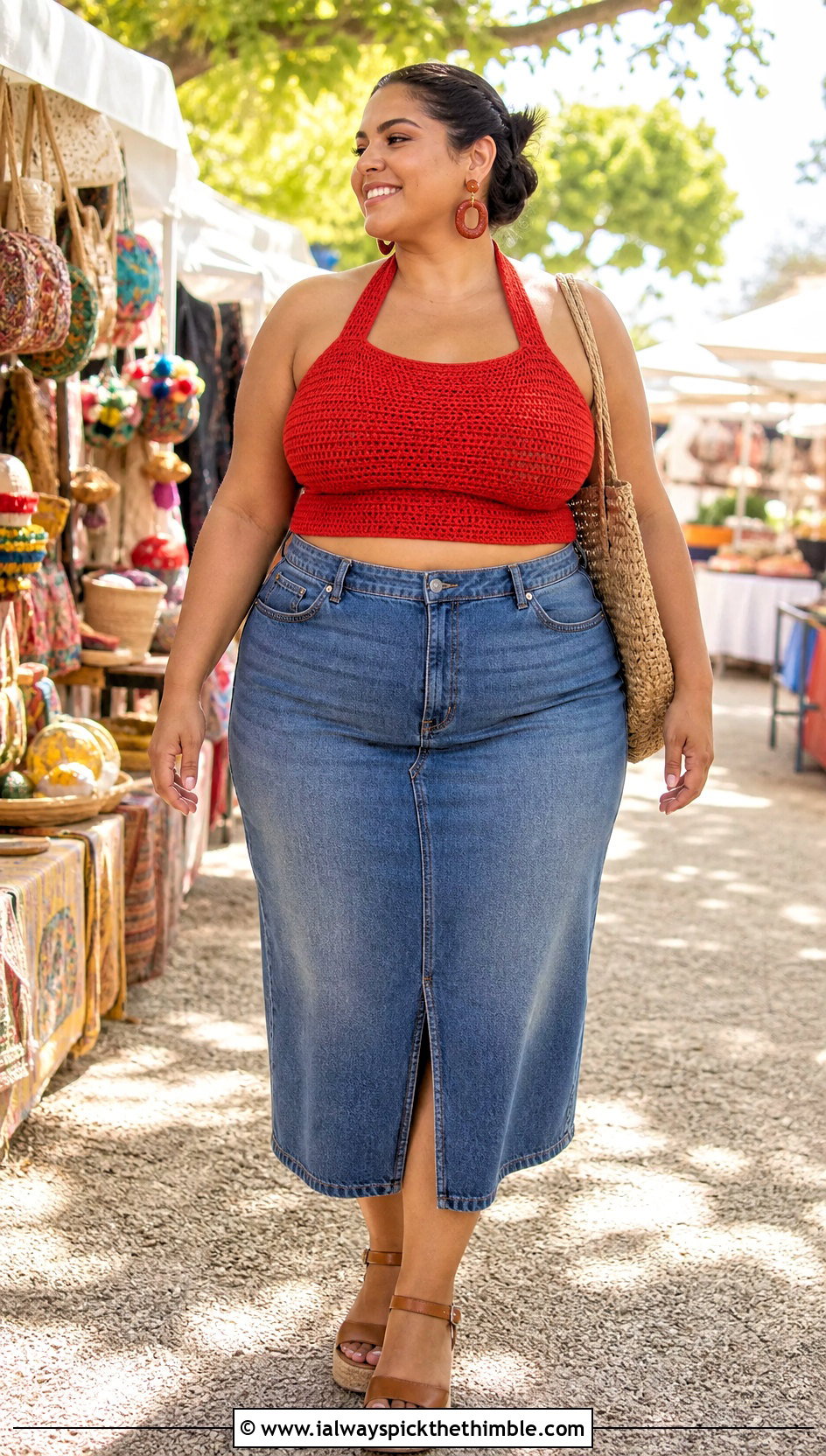 XXL Crochet Halter Top With Denim Midi Skirt - 20 Xxl Crochet Top outfit ideas