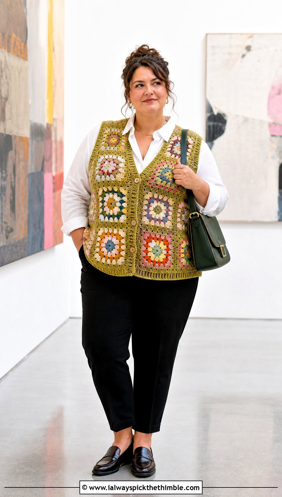 XXL Granny Square Crochet Vest With White Shirt - 20 Xxl Crochet Top outfit ideas