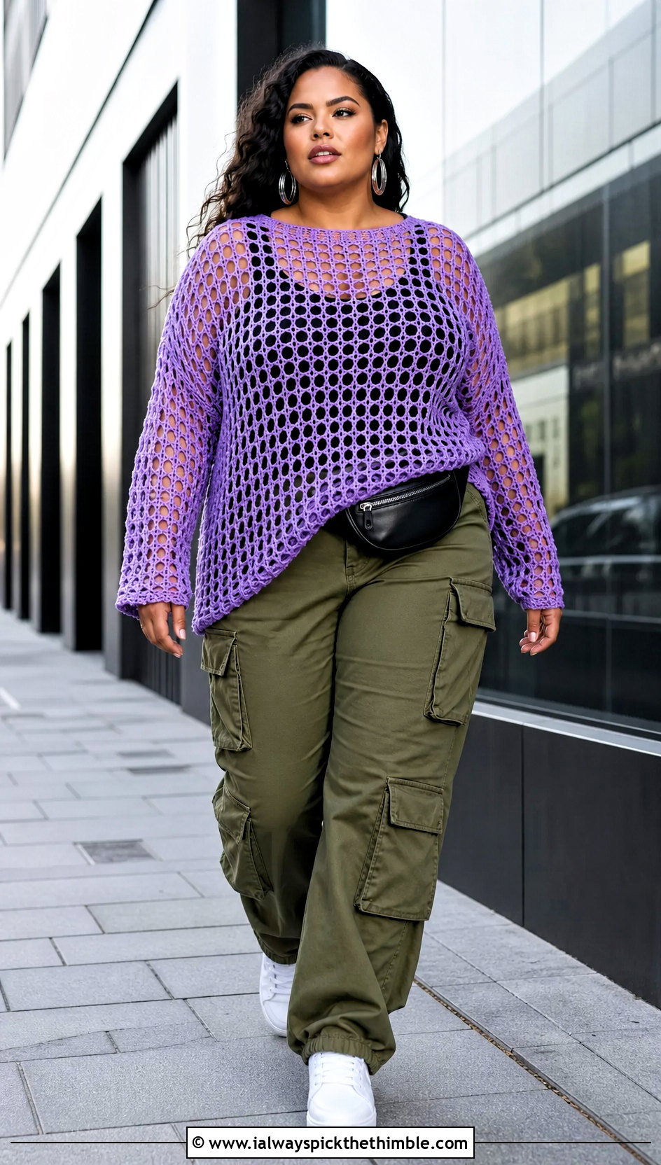 XXL Mesh Crochet Long Sleeve Top With Cargo Pants - 20 Xxl Crochet Top outfit ideas